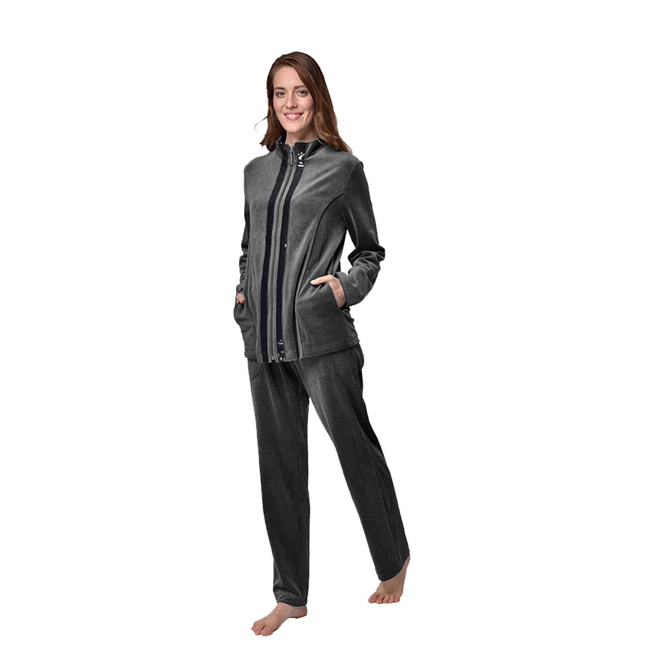 RAIKOU Hausanzug Damen Velours Nicki-Anzug Freizeitanzug Hausanzug (2 tlg) zwei glänzende, schwarze Paillettenreihen Grau Melange