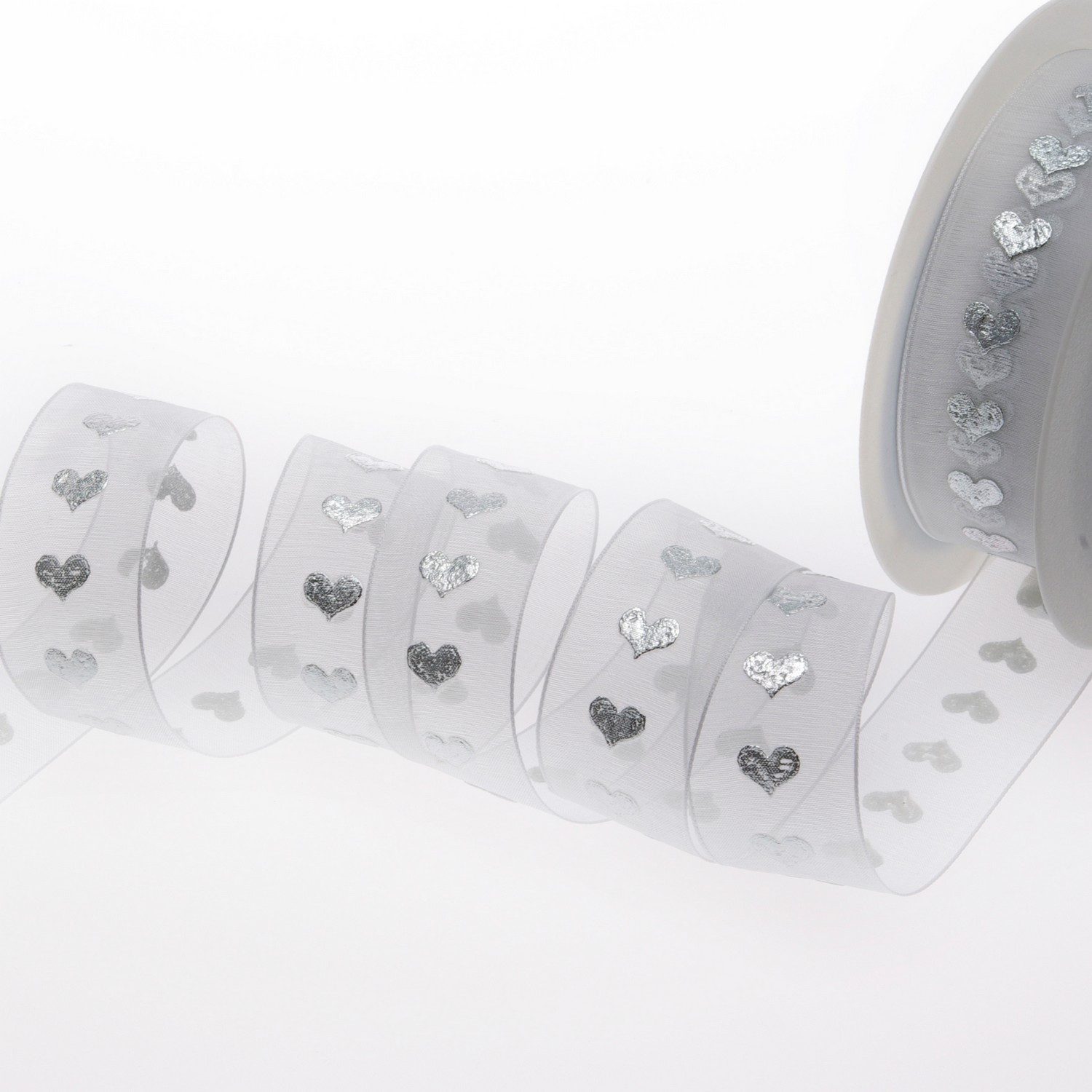 Deko AS Dekoobjekt Dekoband Organza Herzmotiv - weiß/silber - 25mm - 20m