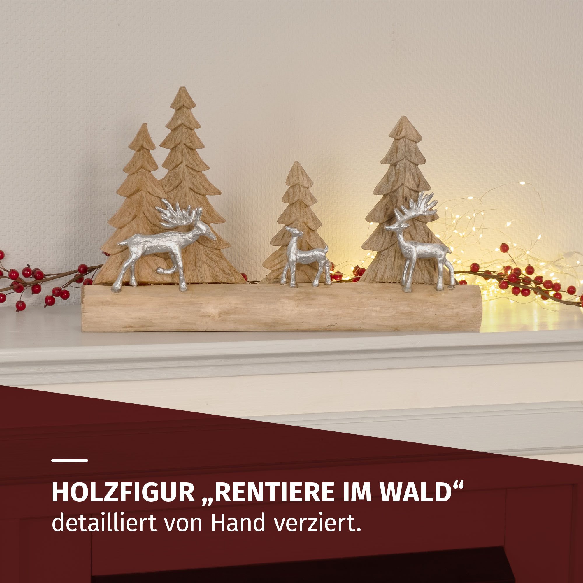 Moritz Skulptur Weihnachtsdeko Rentiere im Wald 53 cm aus Mangoholz Dekoration, Holz, Tischdeko, Fensterdeko, Wanddeko, Holzdeko, Weihnachtsdeko