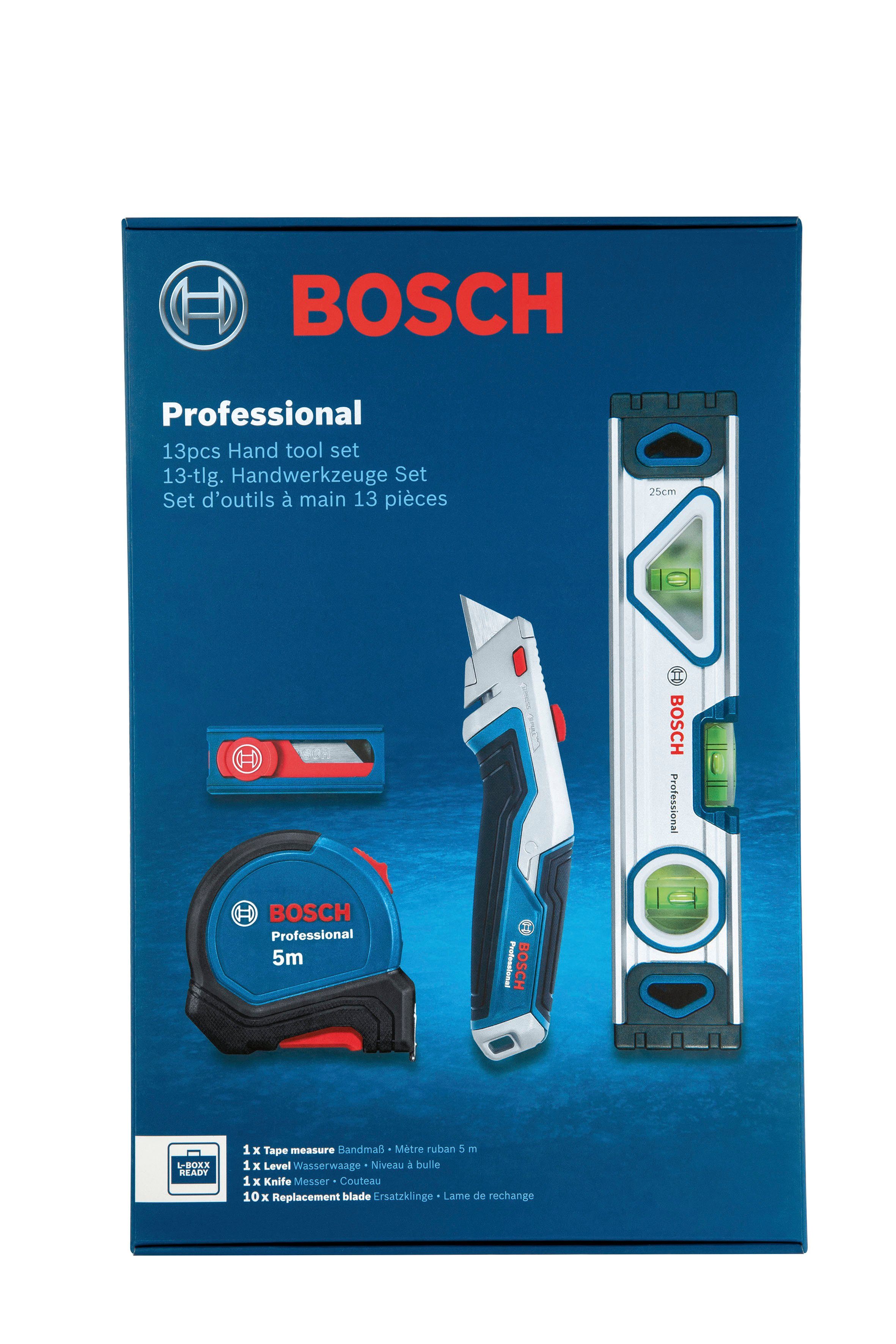 Professional und Werkzeugset Universalmesser (1600A027M3), Maßband, Bosch 13-tlg., Wasserwaage, Ersatzklingen