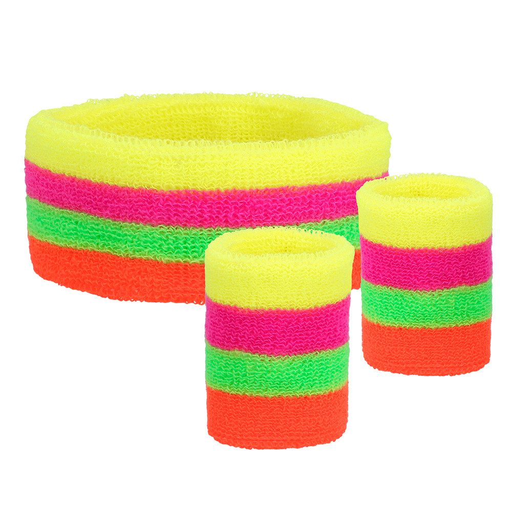 Boland Kostüm Schweißbänder Neon UV 3er Set Stirnband 2 Armbänder für 80er Party, Neonfarben UV-aktiv leuchtet unter Schwarzlicht