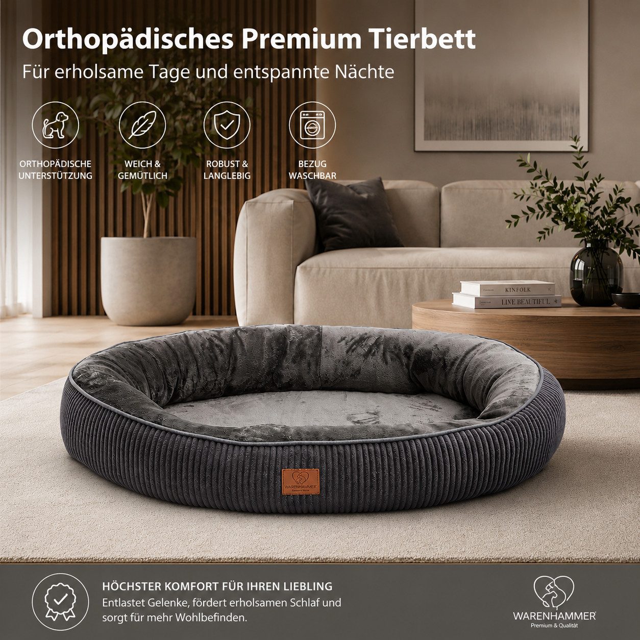 Warenhammer Hundebett Orthopädisches Premium Hundebett, flauschig weich, abnehmbar/waschbar, gepolsterter Rand ca. 15-17 cm hoch, weiches Flanell / herausnehmbare Innenmatratze
