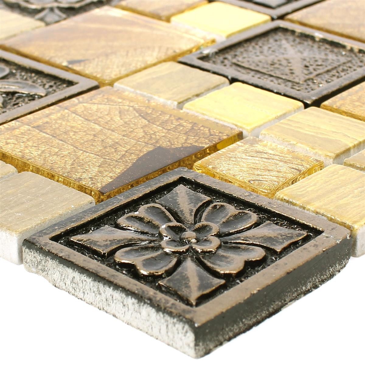 Mosafil Mosaikfliesen Mosaikfliesen Levanzo Glas Resin Ornament Mix, Naturstein-Resin-Glas 30.000x30.000, gold-beige-braun, Verlegefertig auf ein Netz geklebt