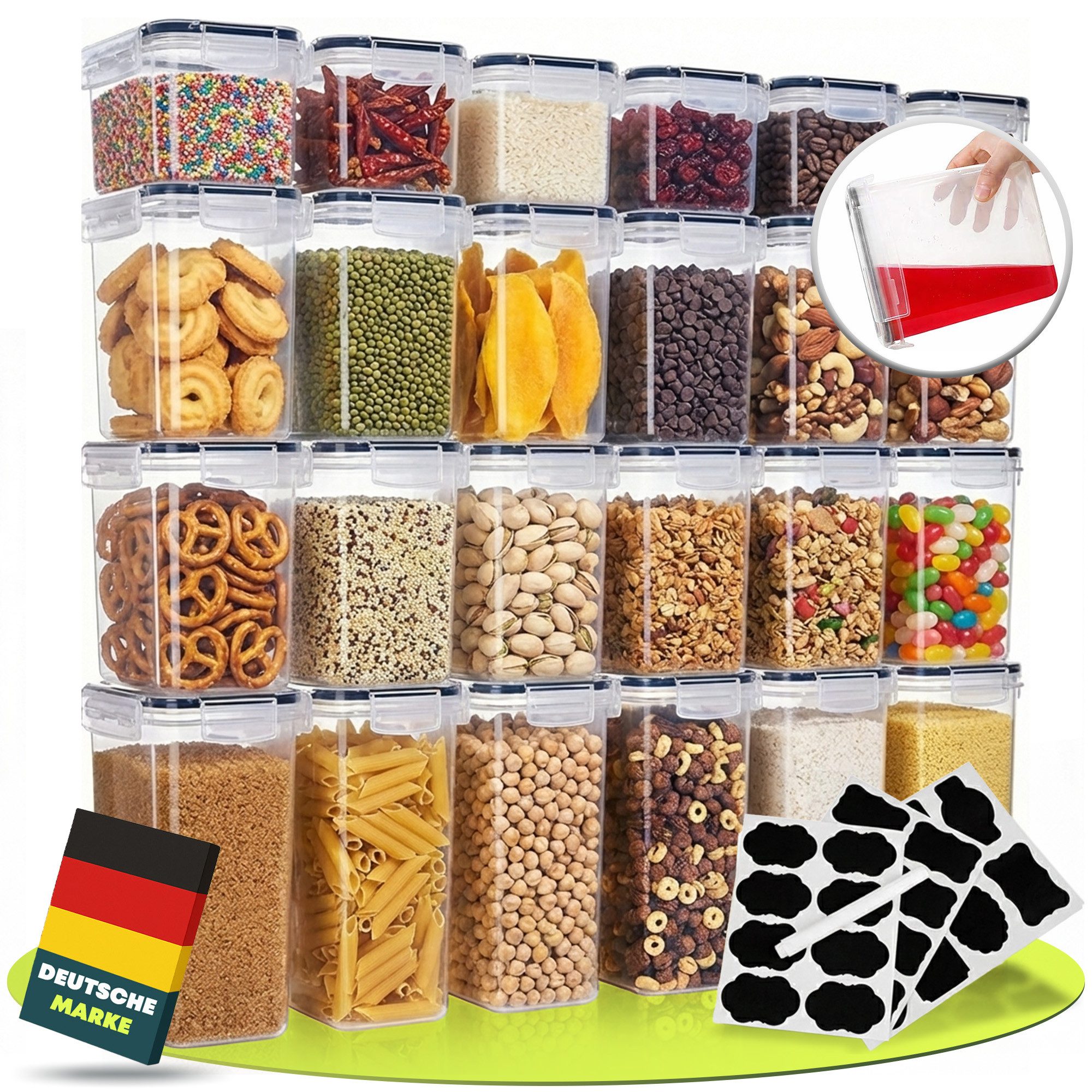 uandu home Vorratsdose Vorratsdosen mit Deckel luftdicht – 24er Vorratsbehälter Set BPA Frei, (Mit Schreibstift und Etikett, platzsparend, Spülmaschinen geeignet, Stapelbar, Vorratsdosen 24er-Set), Aufbewahrungsbox Küche für Müsli, Mehl & Zucker