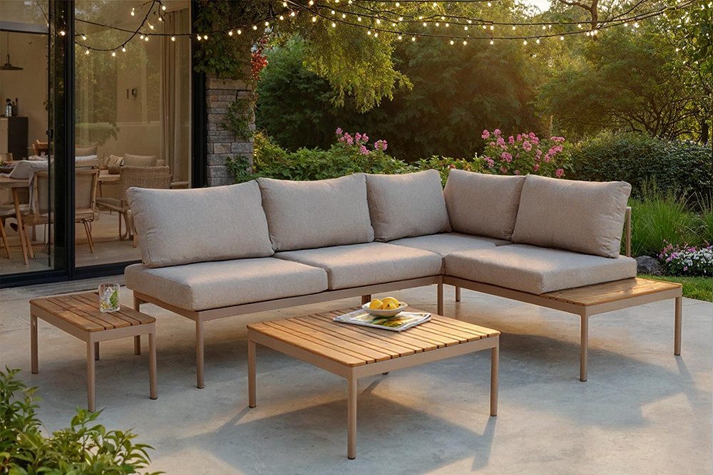 riess-ambiente Sitzgruppe MOBILE MODULAR greige - Stahl, WPC, inkl. Tisch & Kissen, wetterfest, (Einzelartikel, 1-tlg), frei stellbare Outdoor Lounge - ideal für Garten, Balkon & Terrasse