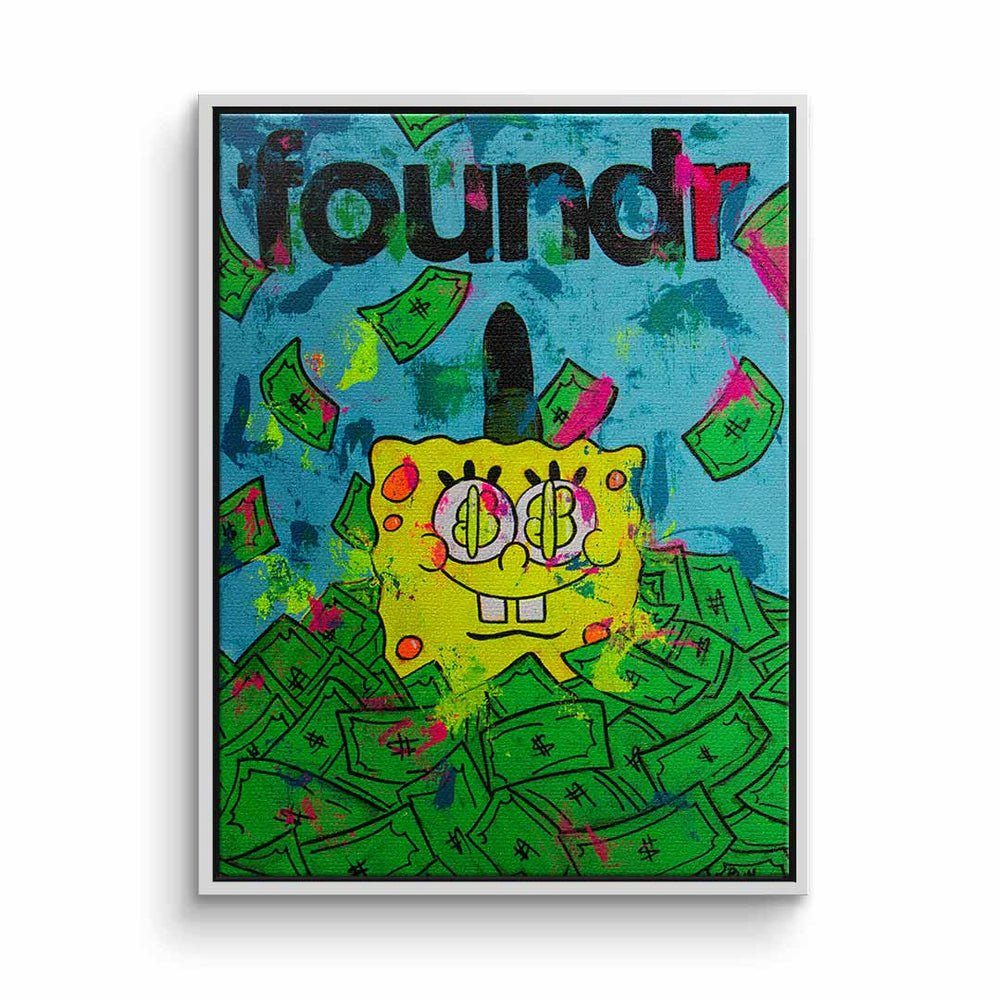 DOTCOMCANVAS® Leinwandbild, Leinwandbild Spongebob Geld money blau grün mit premium Rahmen weißer Rahmen