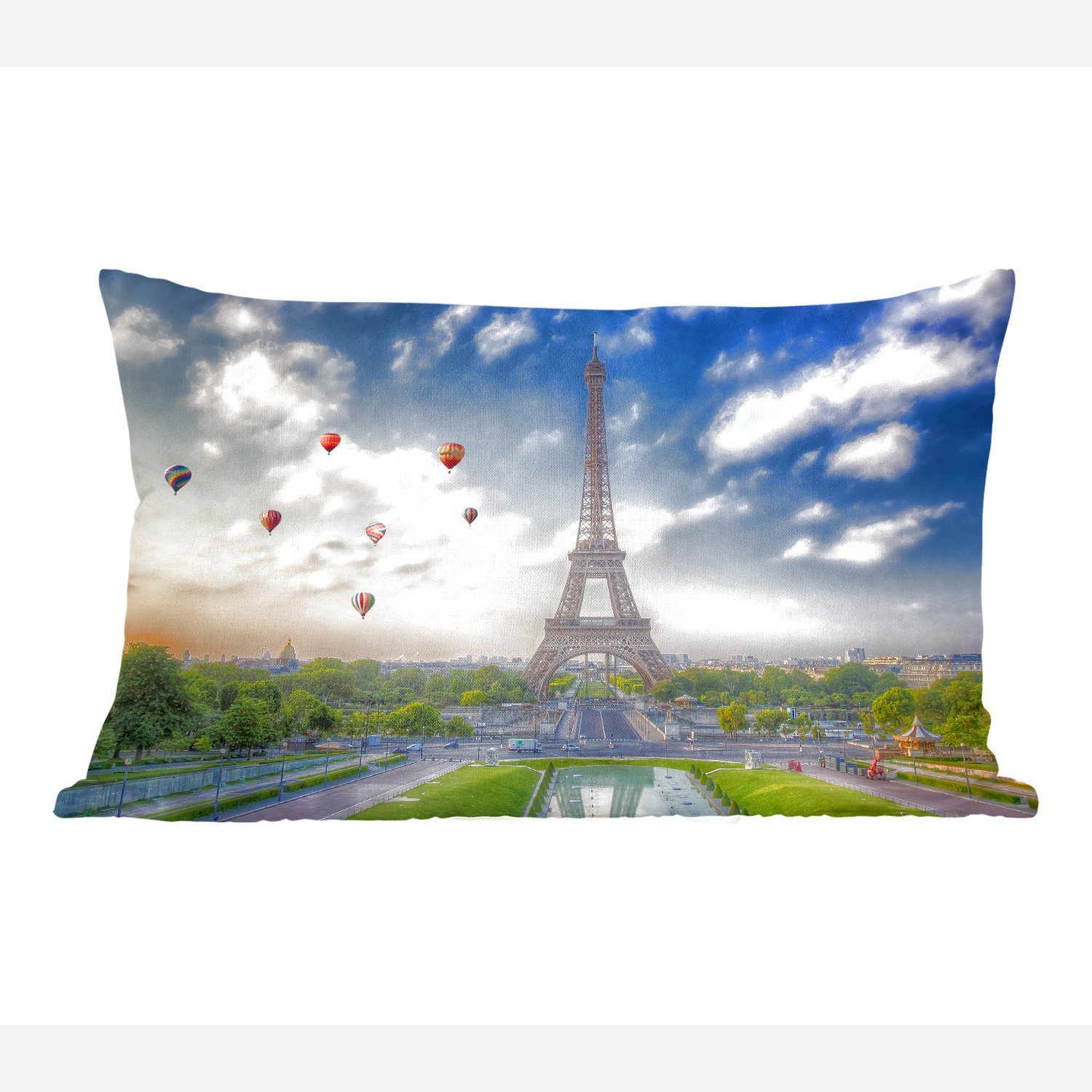 MuchoWow Dekokissen Der Eiffelturm mit Heißluftballons im Hintergrund über Paris, Wohzimmer Dekoration, Zierkissen, Dekokissen mit Füllung, Schlafzimmer