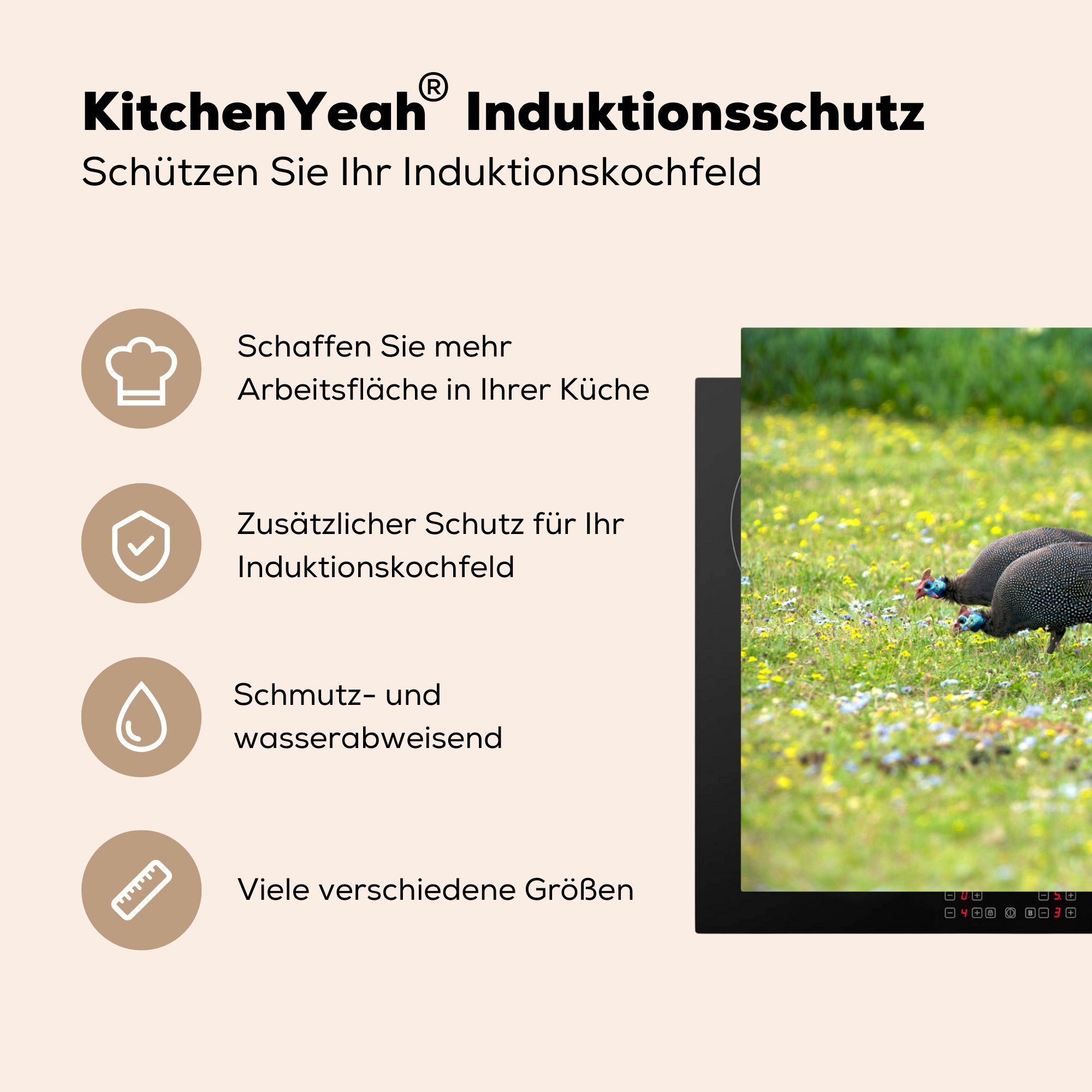 MuchoWow tlg), Ceranfeldabdeckung Vinyl, cm, - Vogel Induktionskochfeld Federn, küche, 81x52 für - Herdblende-/Abdeckplatte Perlhuhn (1 Schutz die