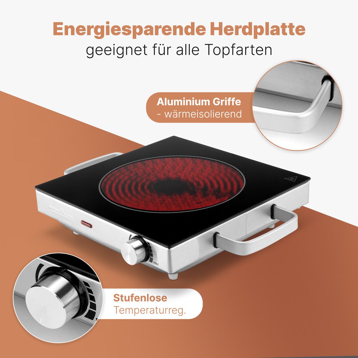 ProfiCook Einzelkochplatte PC-EKP 1210, Kratzfeste Glaskeramik, 2000 W, Energiesparend