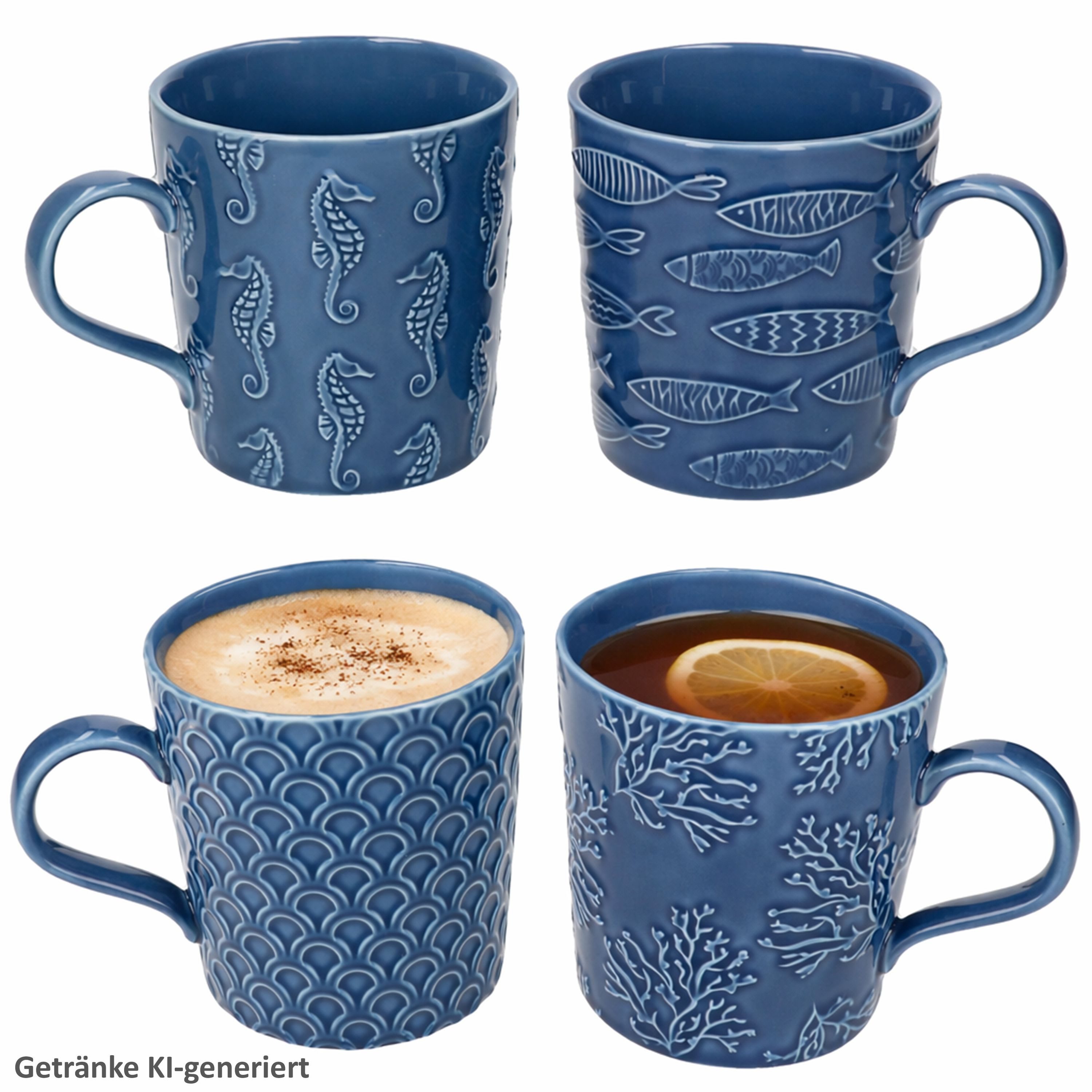 MamboCat Becher MamboCat Sea Life 4x Kaffeebecher Porzellan blau maritim Tee Kakao, Porzellan