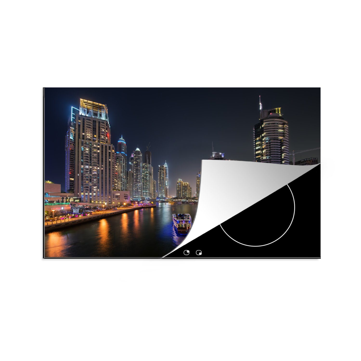 Herdblende-/Abdeckplatte für die cm, Dubai Vinyl, nachts Marina, durch Schutz fährt küche, 81x52 Boot die (1 Induktionskochfeld tlg), MuchoWow Ceranfeldabdeckung