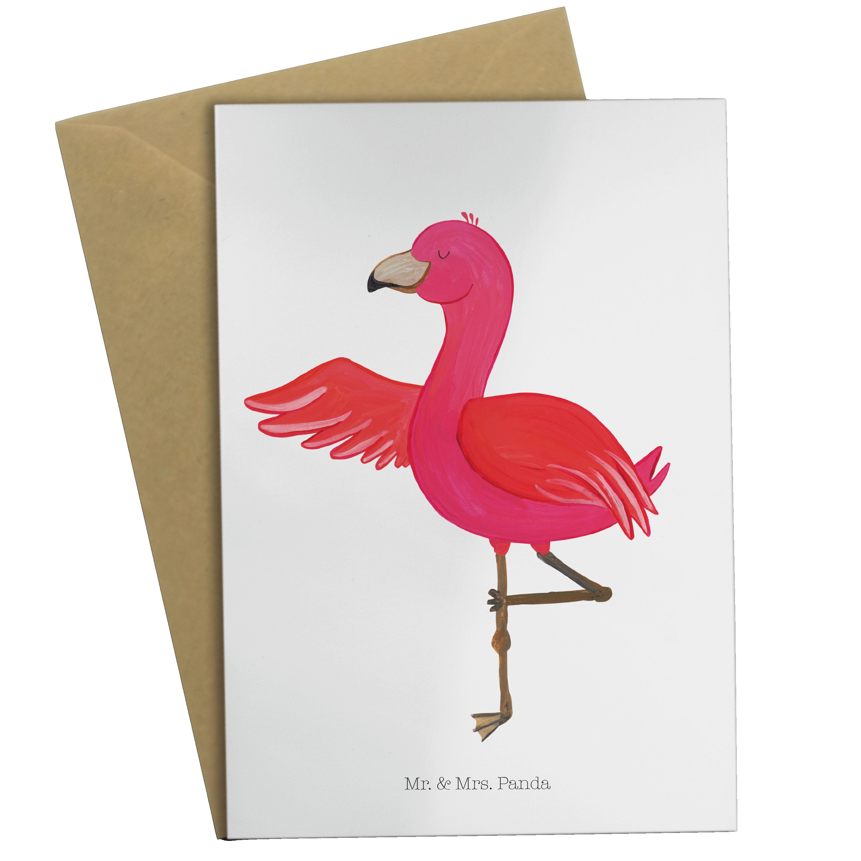Mr. & Mrs. Panda Grußkarte Flamingo Yoga - Weiß - Geschenk, Tiefenentspannung, Karte, Hochzeitsk