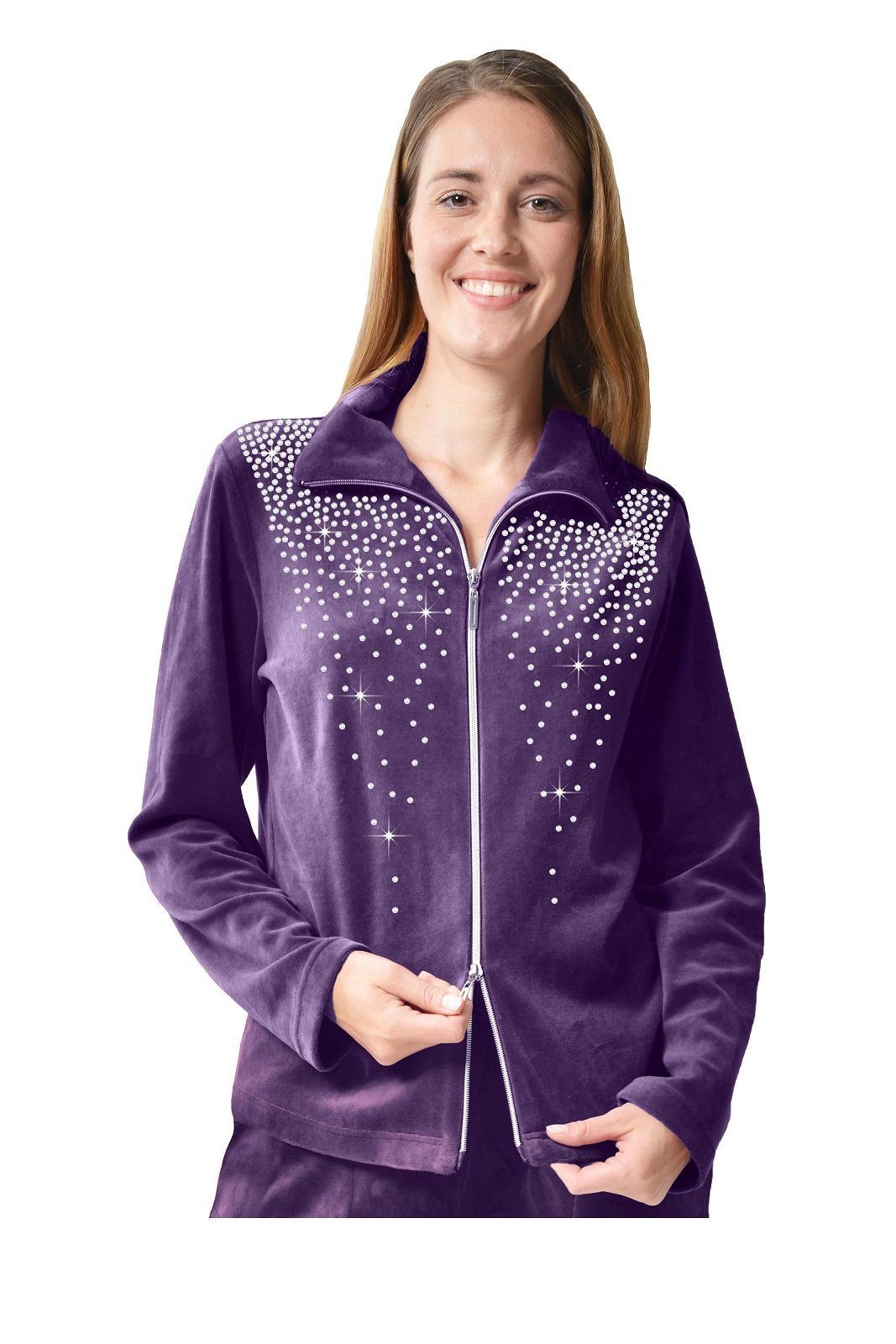 M-Diamant Sweatjacke Eleganten Damen Freizeitjacke Hausjacke Glitzersteinen aus Nicki (Einzeljacke, Einzelartikel) Glitzersteine auf der Brust, samtige Nicki-Struktur