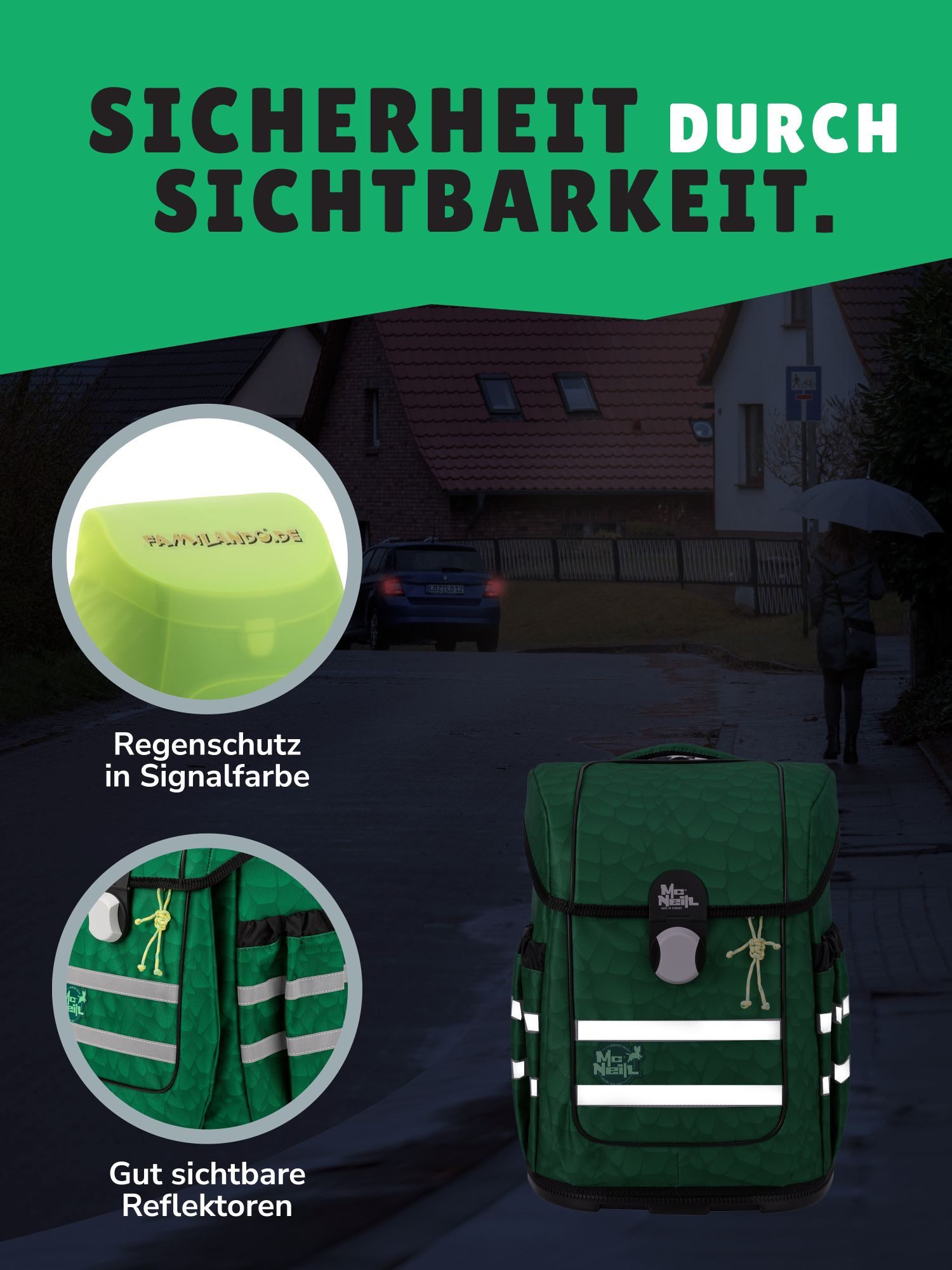 McNeill Schulranzen Ergo Complete Schulranzen Dino Drache grün Schultasche 1. Klasse (Set, 6-tlg., inkl. Federmäppchen, Turnbeutel, Schlamper und Motivmagnet), ergonomisch, in der Höhe verstellbar, mit Brustgurt & Hüftgurt