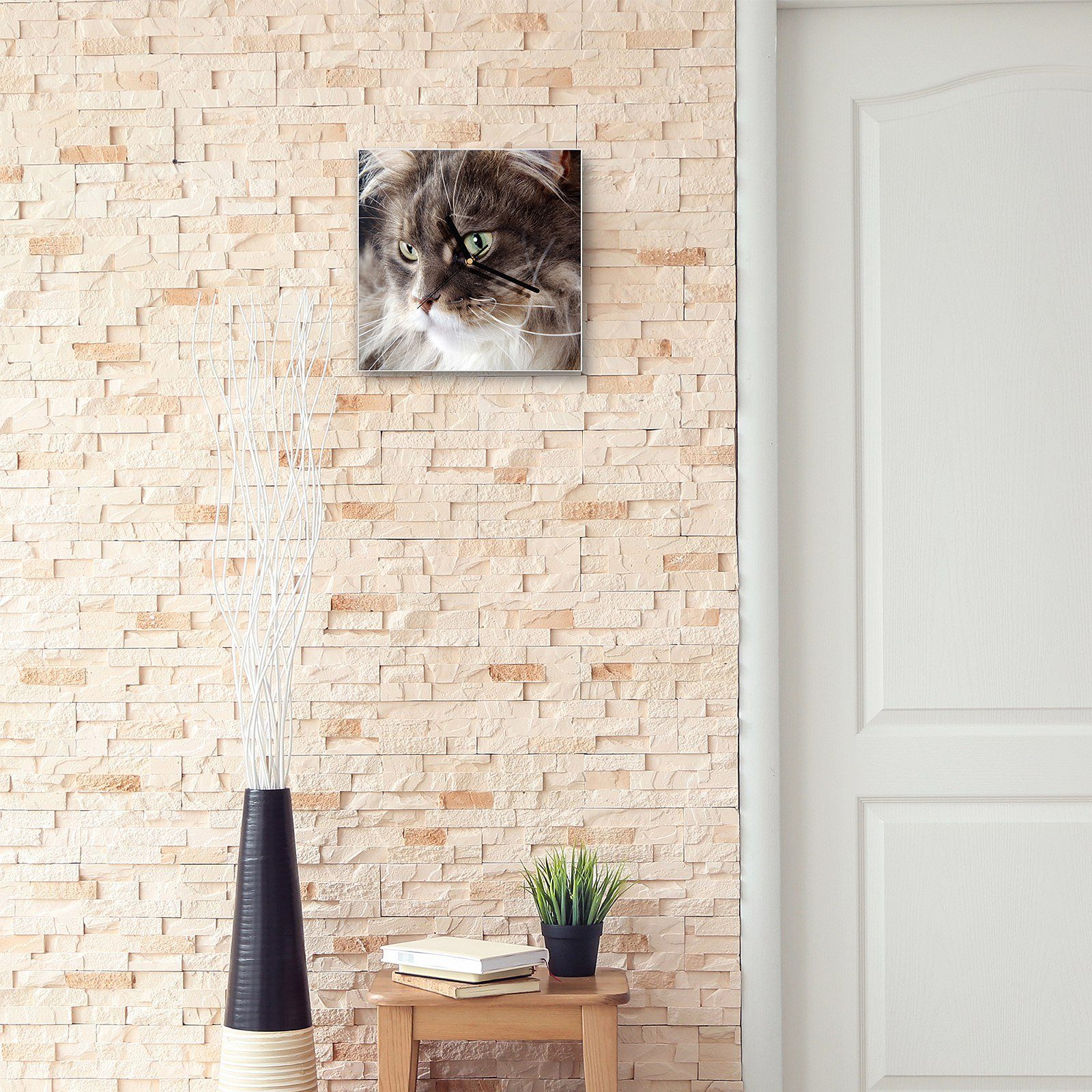 Katze 30 Motiv Glasuhr Größe Wandkunst mit Wanduhr langem Fell x 30 cm mit Wanduhr Primedeco