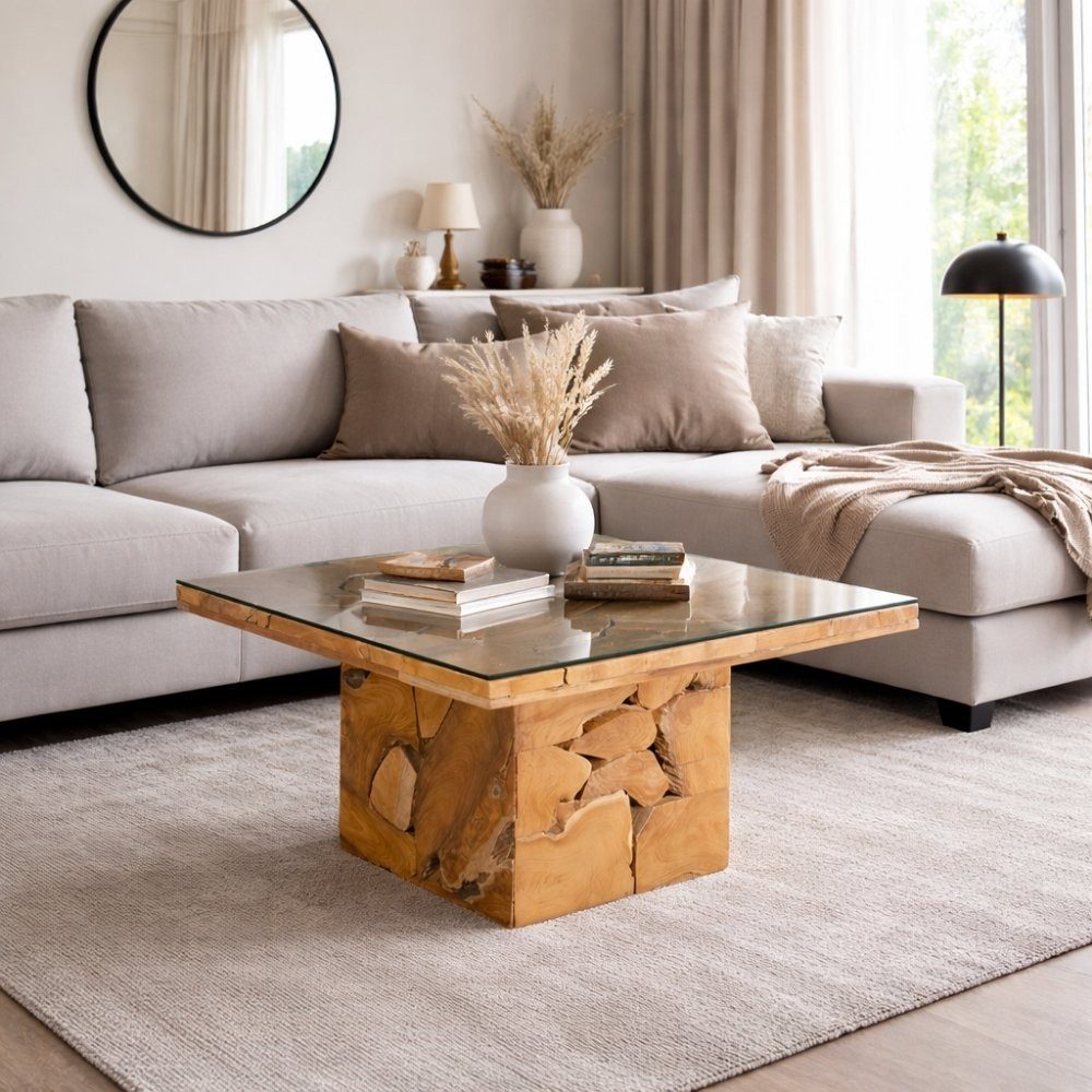 LebensWohnArt Couchtisch Massiver Couchtisch SQUARE aus Teakholz 80cm mit Glasplatte