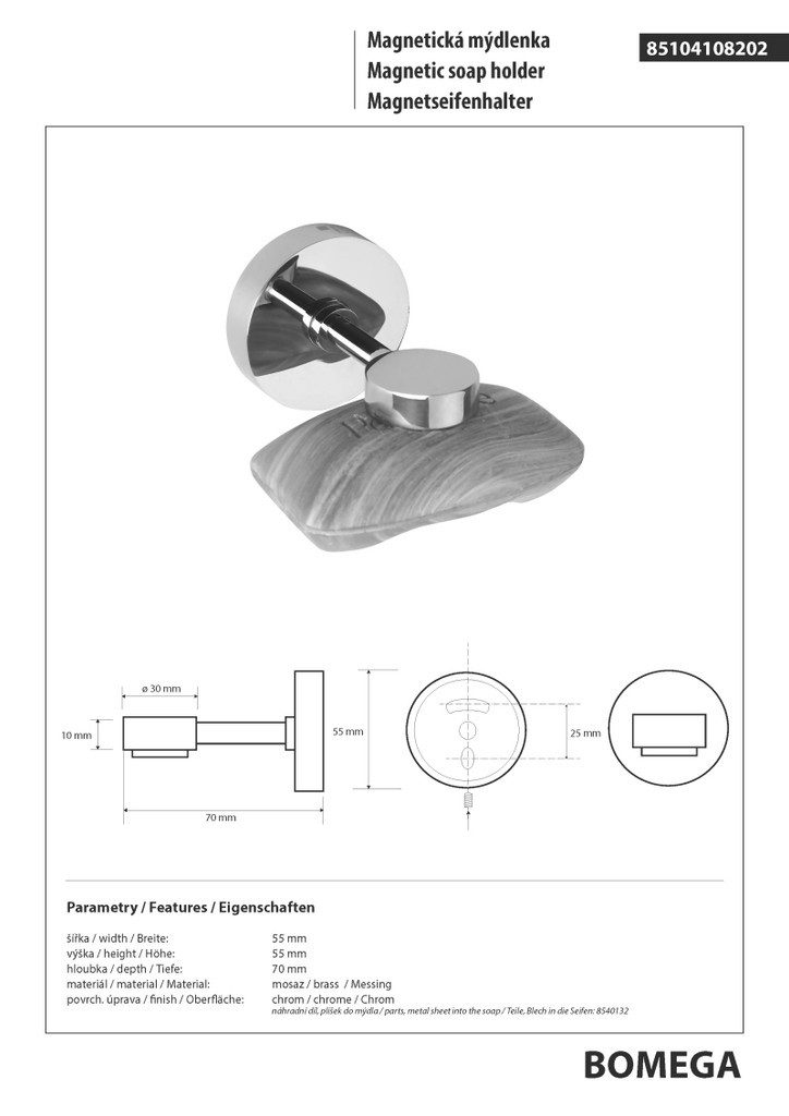 BRILLANTBAD® Seifenhalter BOMEGA Magnetseifenhalter Messing Chrom poliert Bad >> Bohren / Kleben, Breite: 5.5 cm