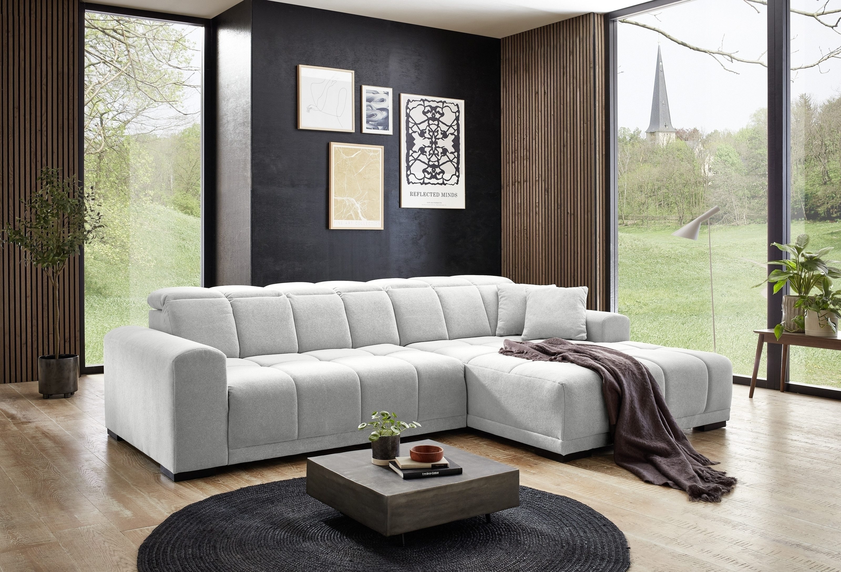 Iwaniccy Wohnlandschaft Kopfteilverstellung, 2 Kissen, creme - 301x113x195cm (BxHxT)