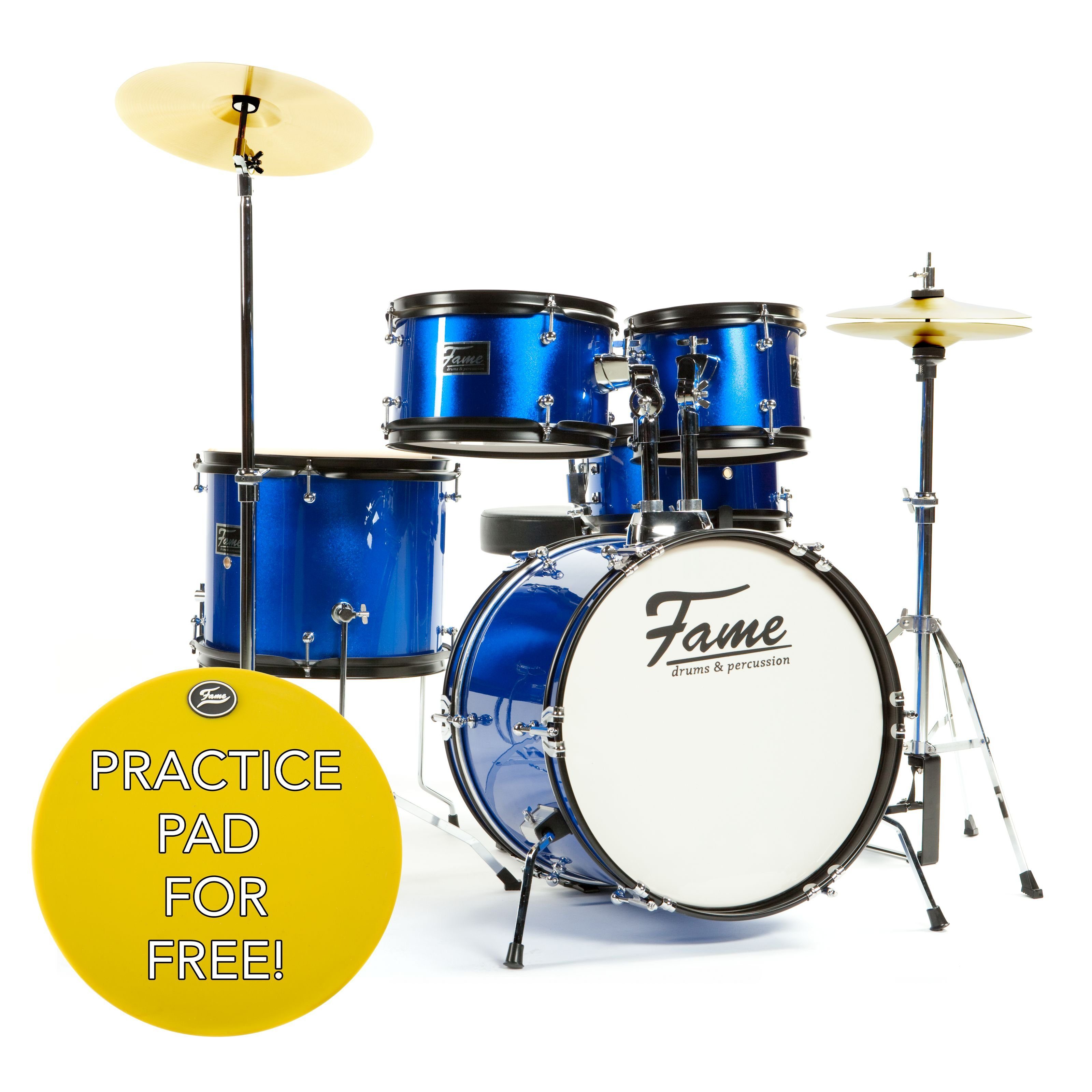 FAME Schlagzeug,Kiddyset 5 PC Junior Drumset Blue, Kinderschlagzeug mit Bass Drum, Toms, Snare, Hardware und Hocker, von 3 -10 Jahren, mit Zubehör und Drumsticks, Schlagzeuge, Drum-Sets, Kinderschlagzeug, Junior Drumset, Kiddyset