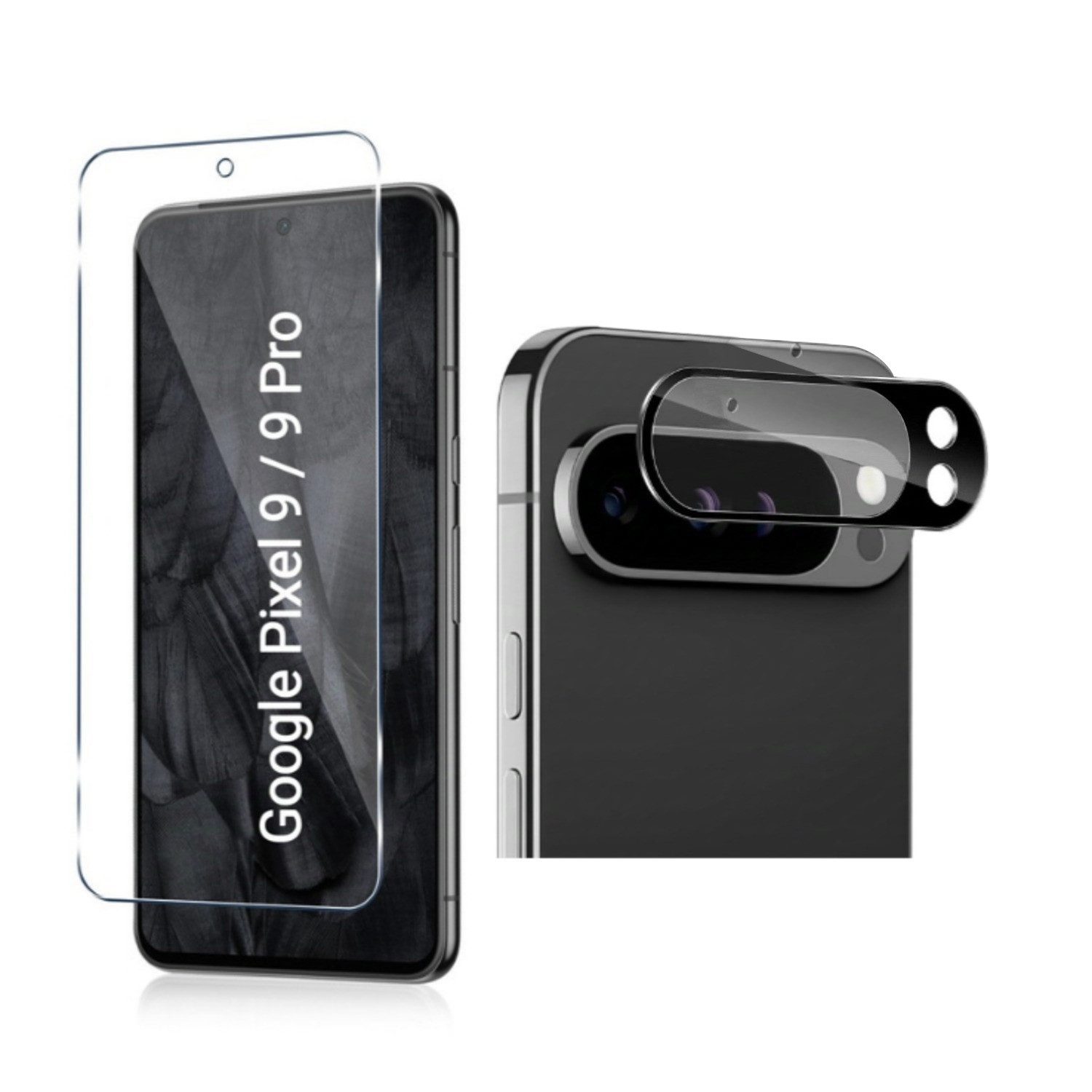 CLM-Tech Displayschutzglas für Google Pixel 9 Pro Panzerfolie 1X und Kameraschutz 1X für Google Pixel 9 Pro, 6,3 Zoll Schutzfolie 2er Set Kameraglas Panzerglas Displayschutz 9H Glas, 2 Stück, Unterstützt Fingerabdruck-ID