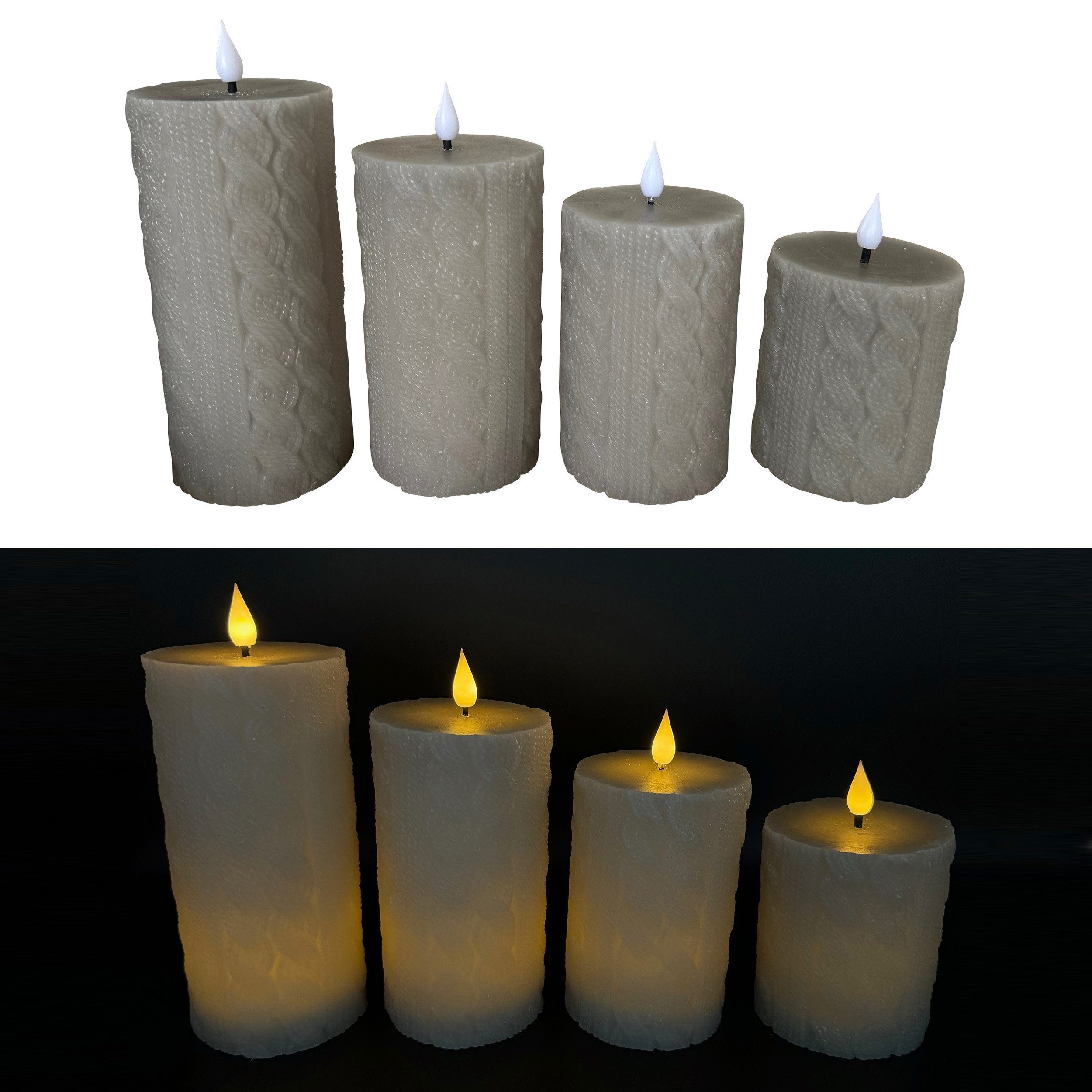 LED-Kerze 4 LED Kerzen aus Echtwachs mit Zopfstrickmuster und flackernde Flamme
