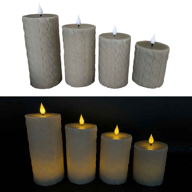Online-Fuchs LED-Kerze 4 LED Kerzen aus Echtwachs mit Zopfstrickmuster und flackernde Flamme (Grün oder Grau wählbar), 6-Stunden-Timer