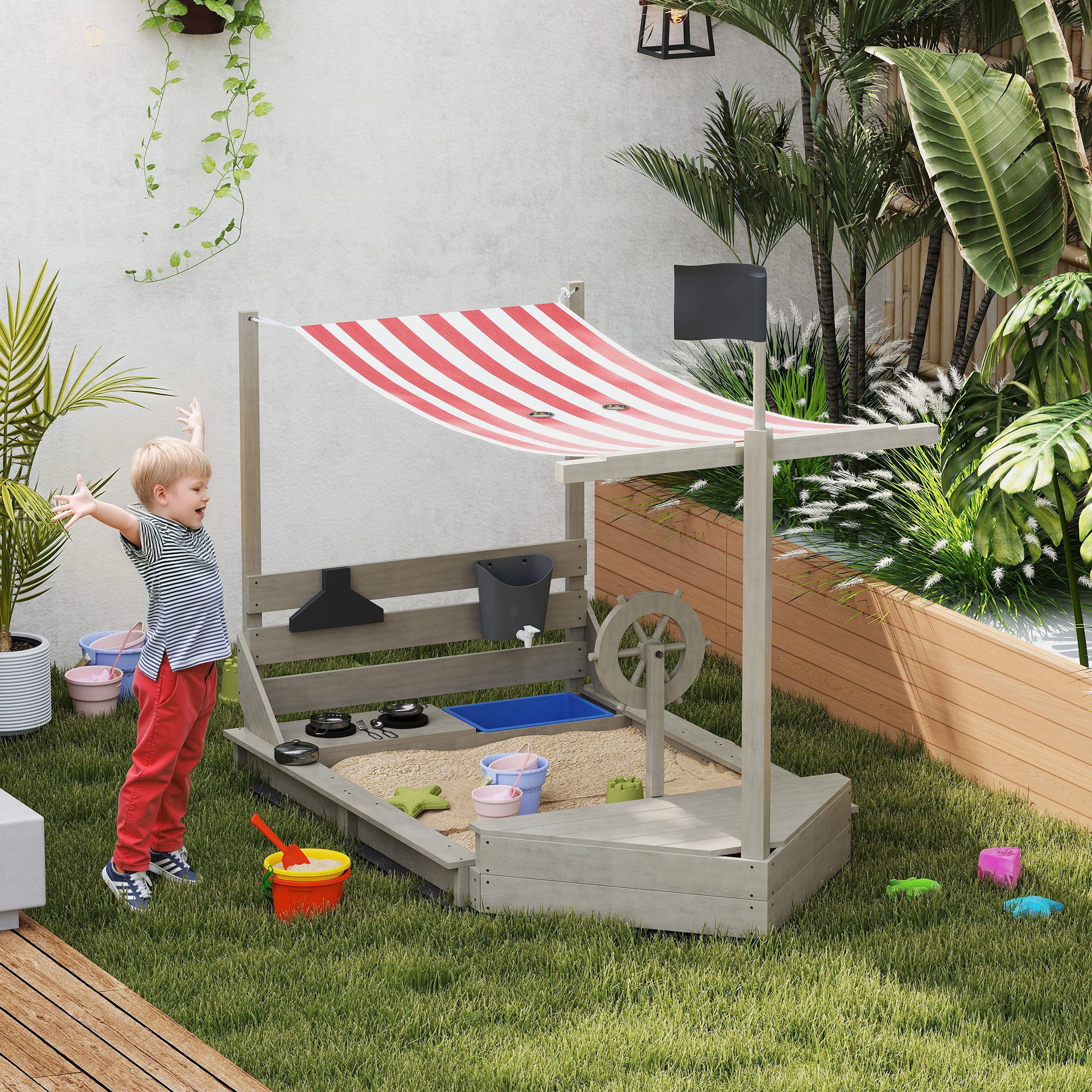 Outsunny Sandkasten Sandkiste mit Abdeckung im Schiff Design, (Matschekiste aus Holz, 1-tlg., Segelschiff Spielhaus mit Küchenspielset), für Kinder 3-7 Jahre, Grau
