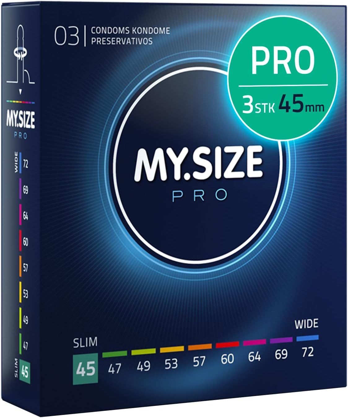 MY.SIZE Kondome PRO ELITE Kondome, 9 Größen, 45-72 mm, Schlank-XXXXL, Extra reines Vytex-Latex, leicht zu öffnen, hauchdünn 0,05mm