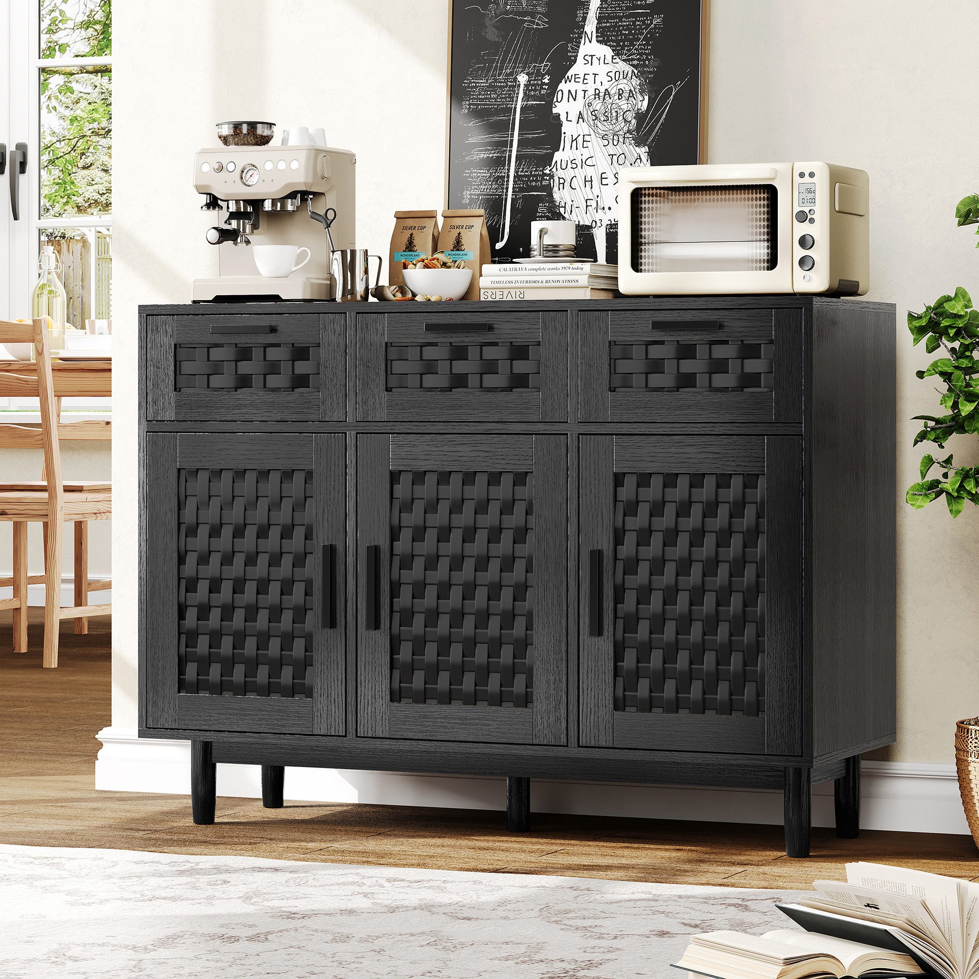 FUROKOY Sideboard Rattan Küchenschrank us Holz (Buffetschrank Highboard mit 3 Schubladen und 3 Türen), für Schlafzimmer, Wohnzimmer, Flur, 108 x 40 x 80 cm, Sch – Bild 2 von 5