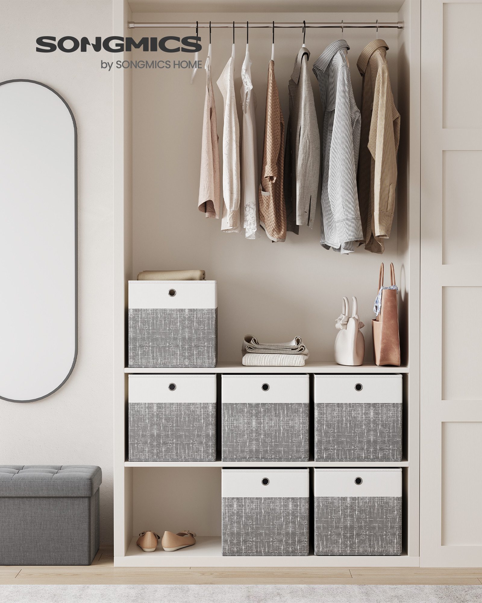 SONGMICS Aufbewahrungsbox Aufbewahrungskorb, Ordnungsboxen, Faltbox, Stoffbox für Würfelregal (6 St), mit PP-Platten, geruchsneutral, 33 x 33 x 33 cm, wolkenwei – Bild 2 von 5