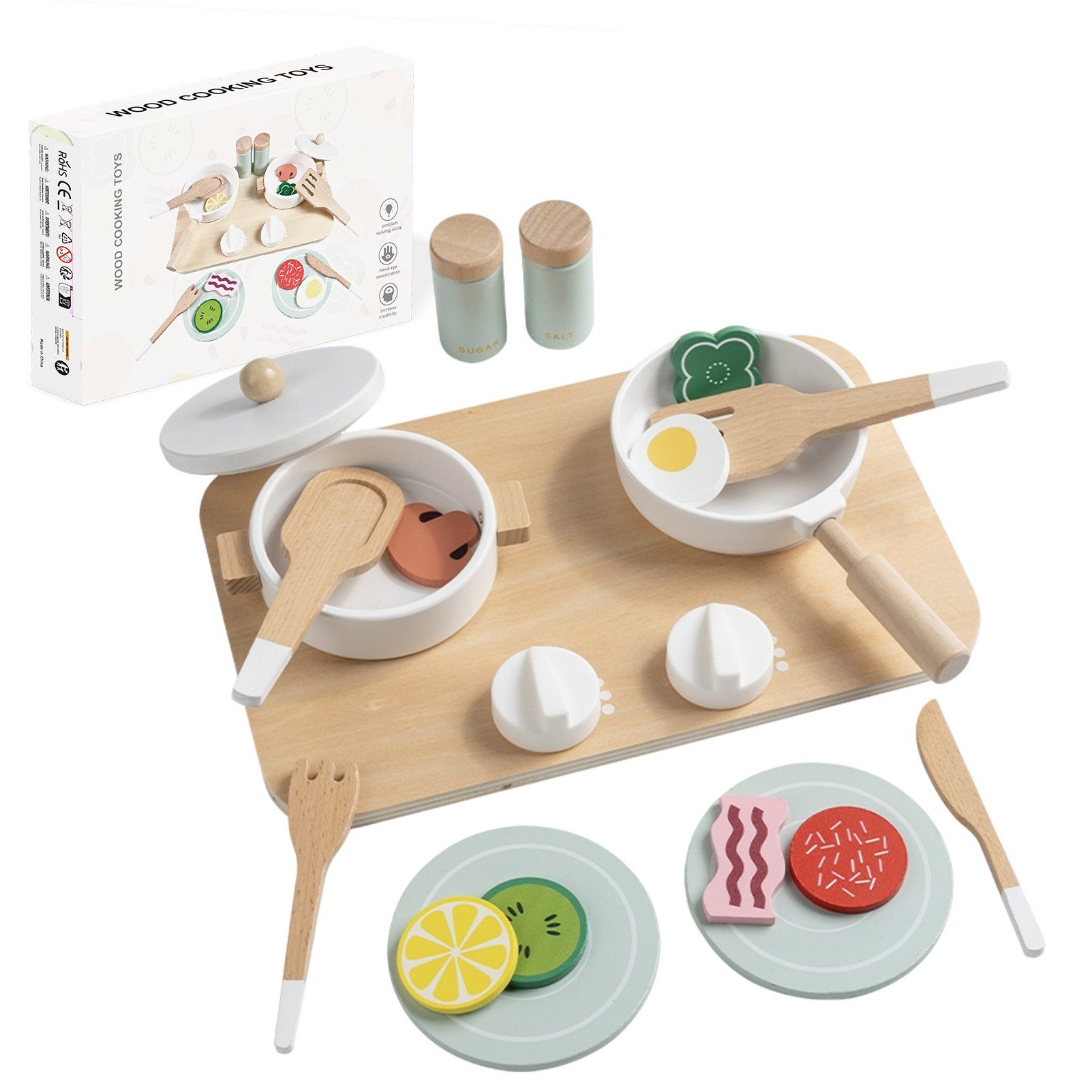 Esun Spielküche Kinderküche Zubehör für Spielküche Holz, mit Geschirr, Töpfe, Pfannen, Küche holzspielzeug für Kinder ab 3, 4, 5, 6 Jahre
