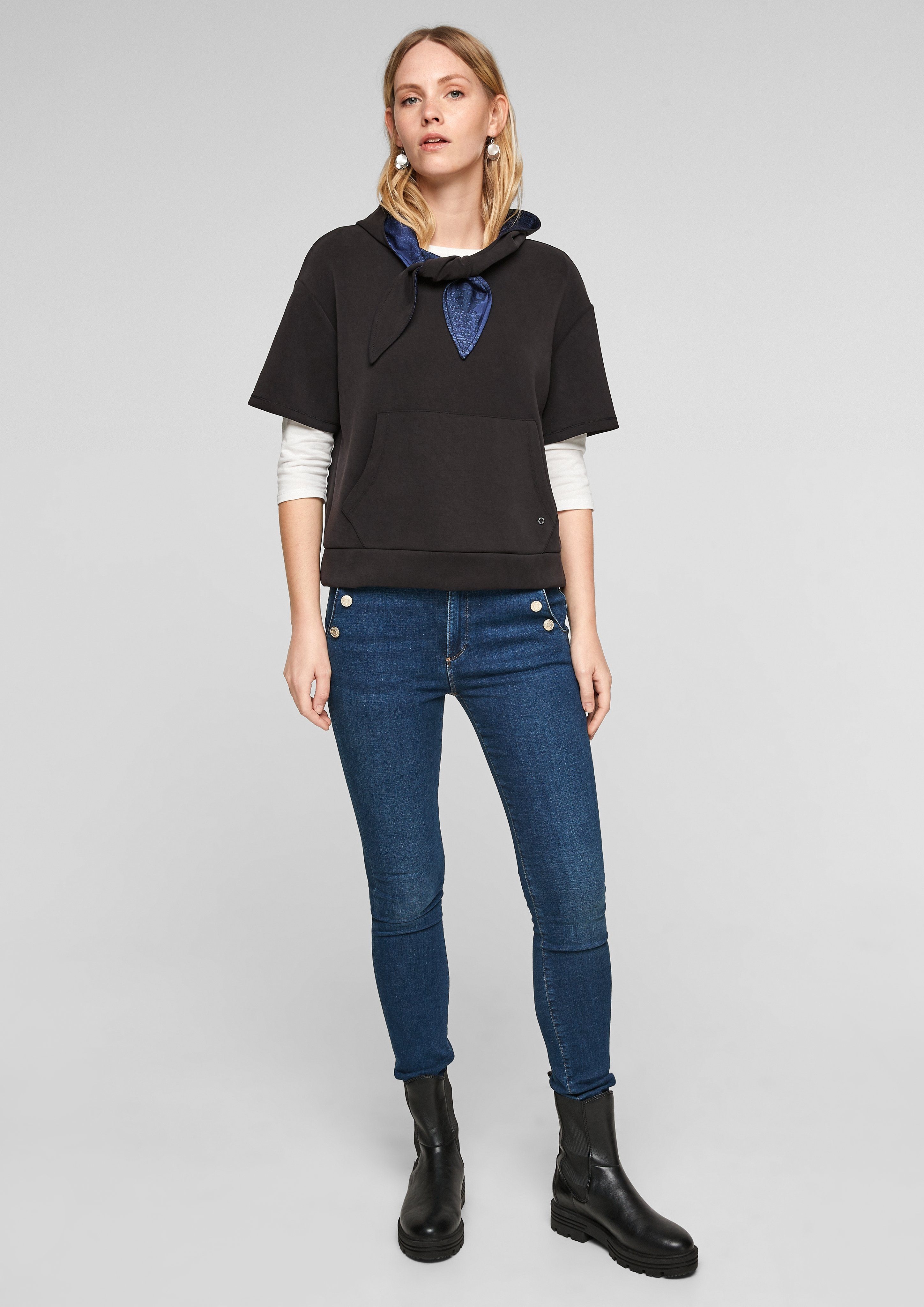 Damen Shirts s.Oliver Kurzarmshirt Sweatshirt mit Satin-Kapuzenfutter (1-tlg) Metallic