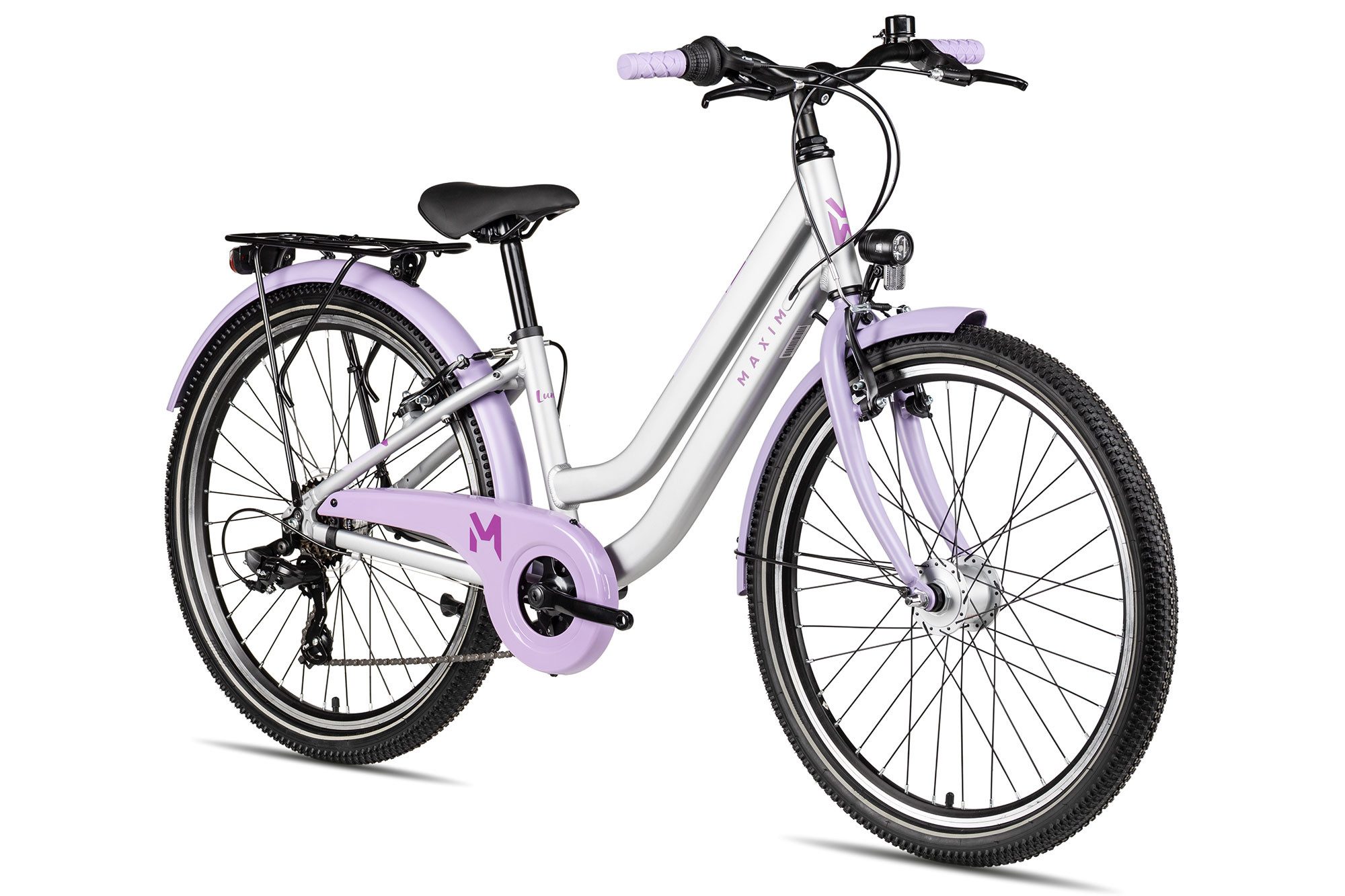 Maxim Kinderfahrrad Luna 24-7, 7 Gang Shimano Tourney RD-TY300 Schaltwerk, Kettenschaltung, Straßenausstattung violett/rosa