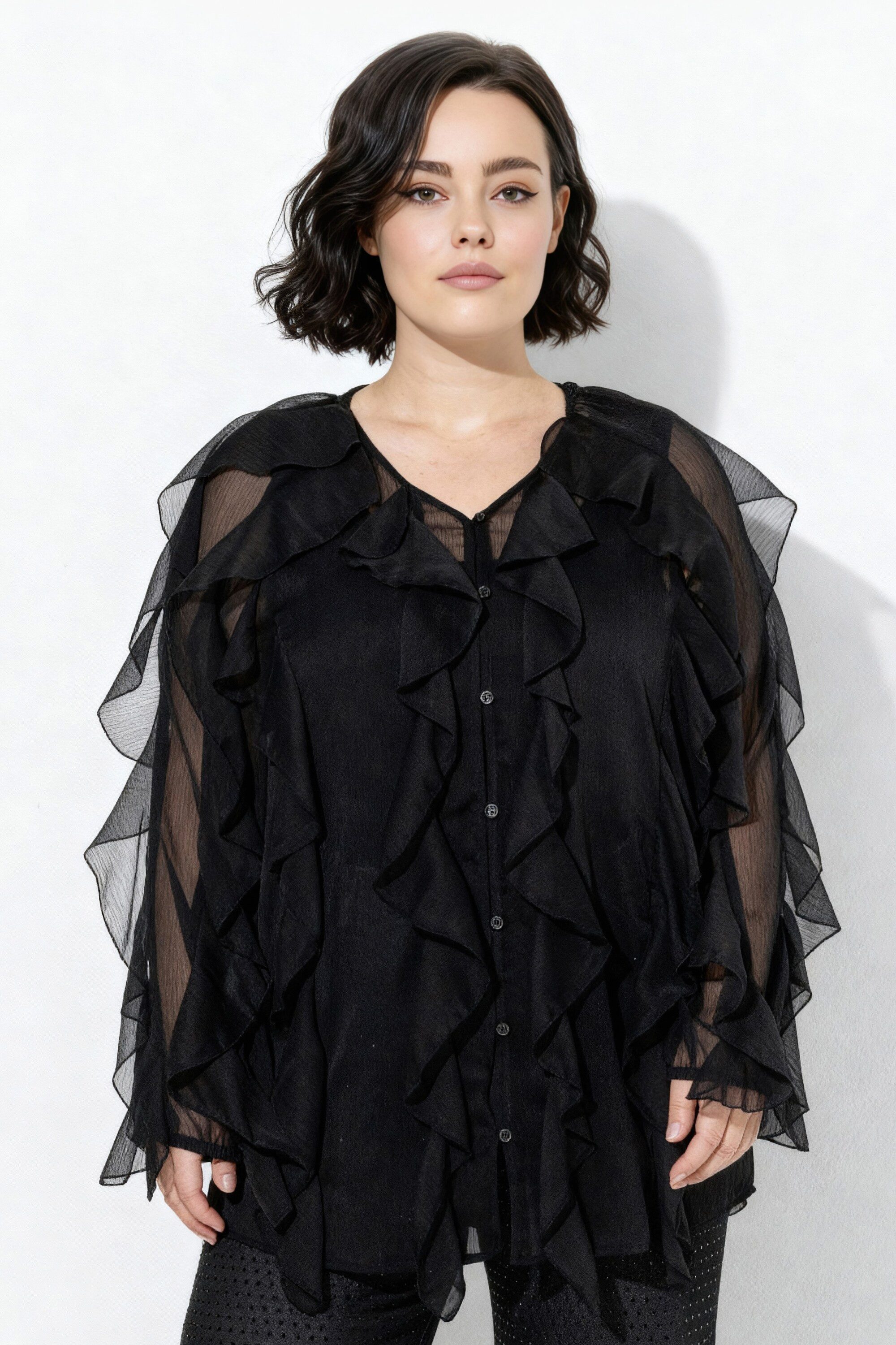 Ulla Popken Longbluse Bluse Volants A-Linie V-Ausschnitt Langarm