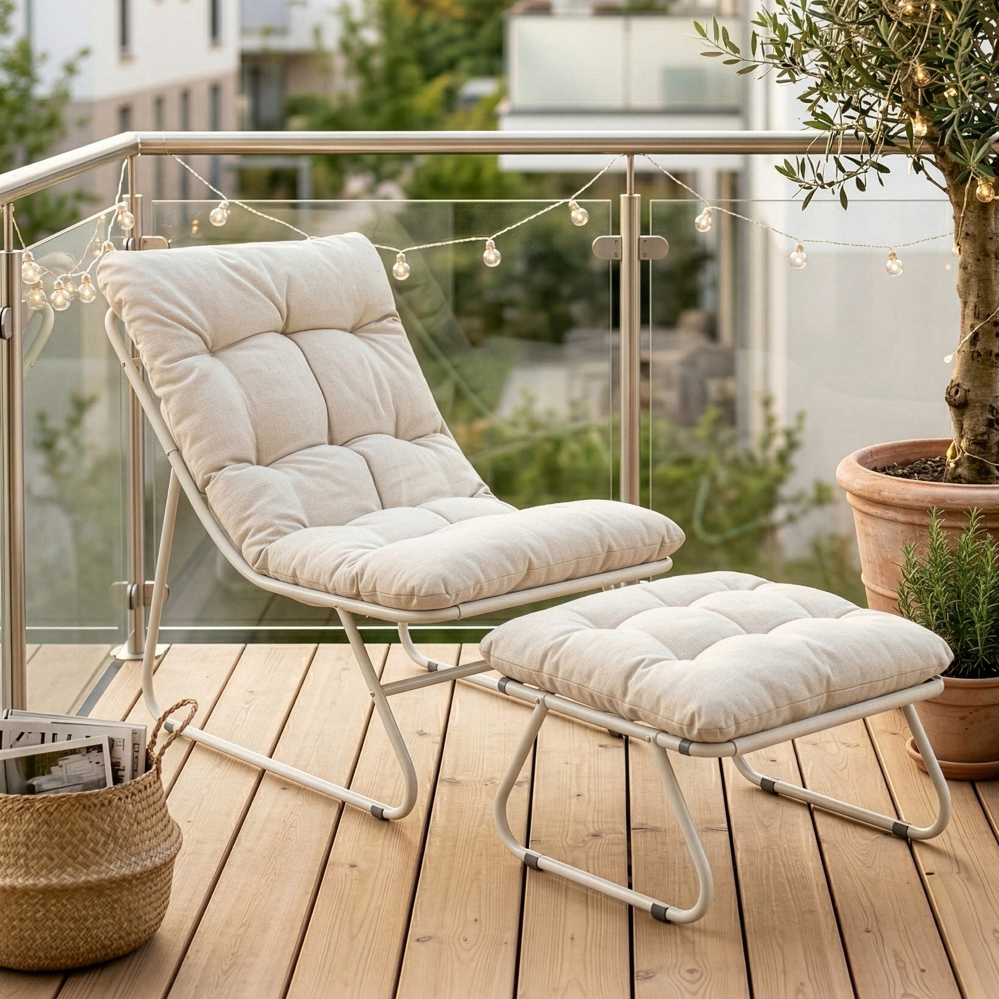 casa.pro Balkonset, (2-tlg., 1 Sessel, 1 Fußhocker inkl. Auflagen), »Malmö« Sessel mit Fußhocker Polsterkissen Metallgestell Beige