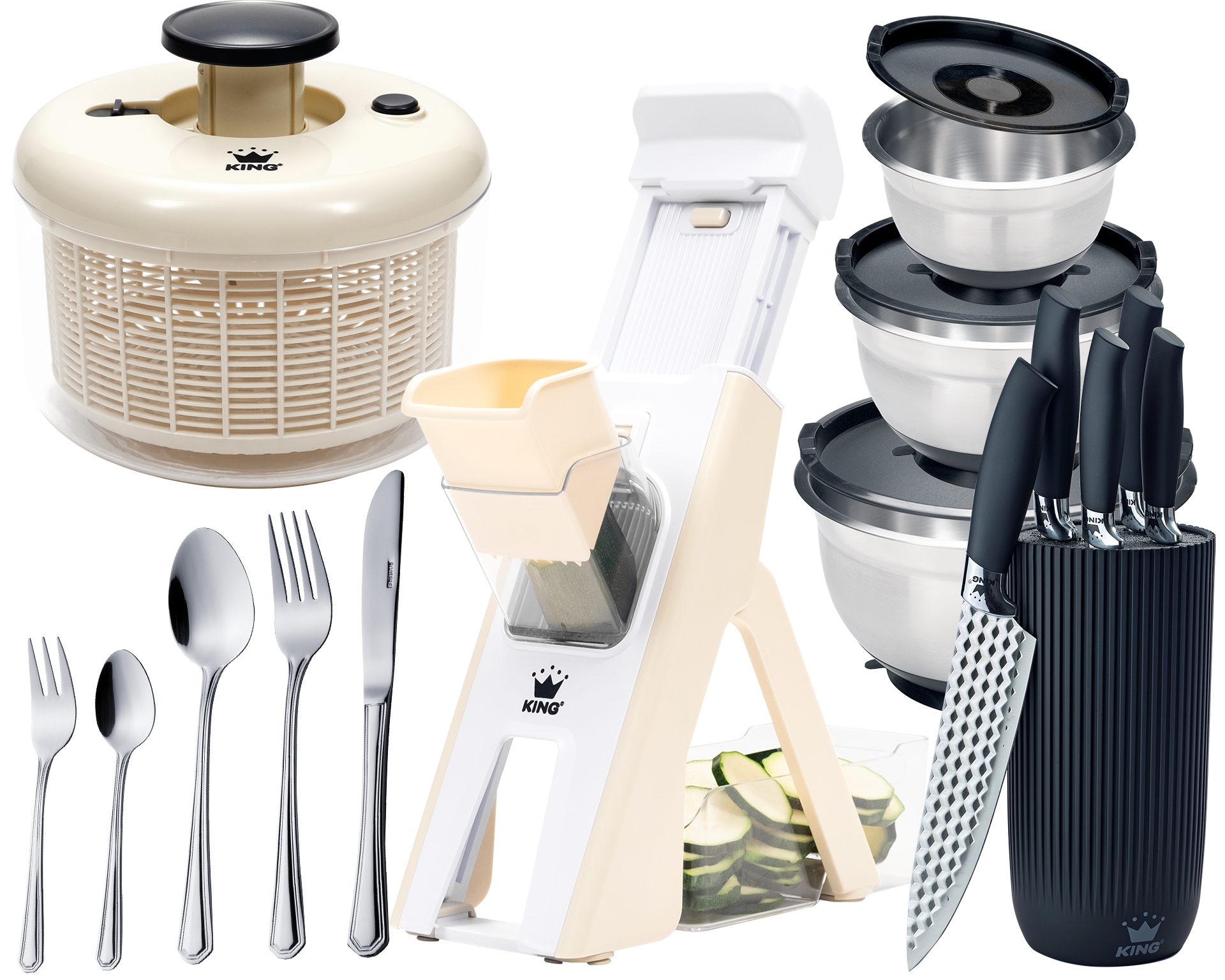 KING Küchenreibe Veggie-Set, Kunststoff, (Set, 44-St., 1 Reibe, Messerblockset, 1 Salatschleuder, 30 tlg Besteck, 3 Schüsseln), Vertikale-Reibe inkl. Auffangbehälter, unterschiedliche Schnittmodi