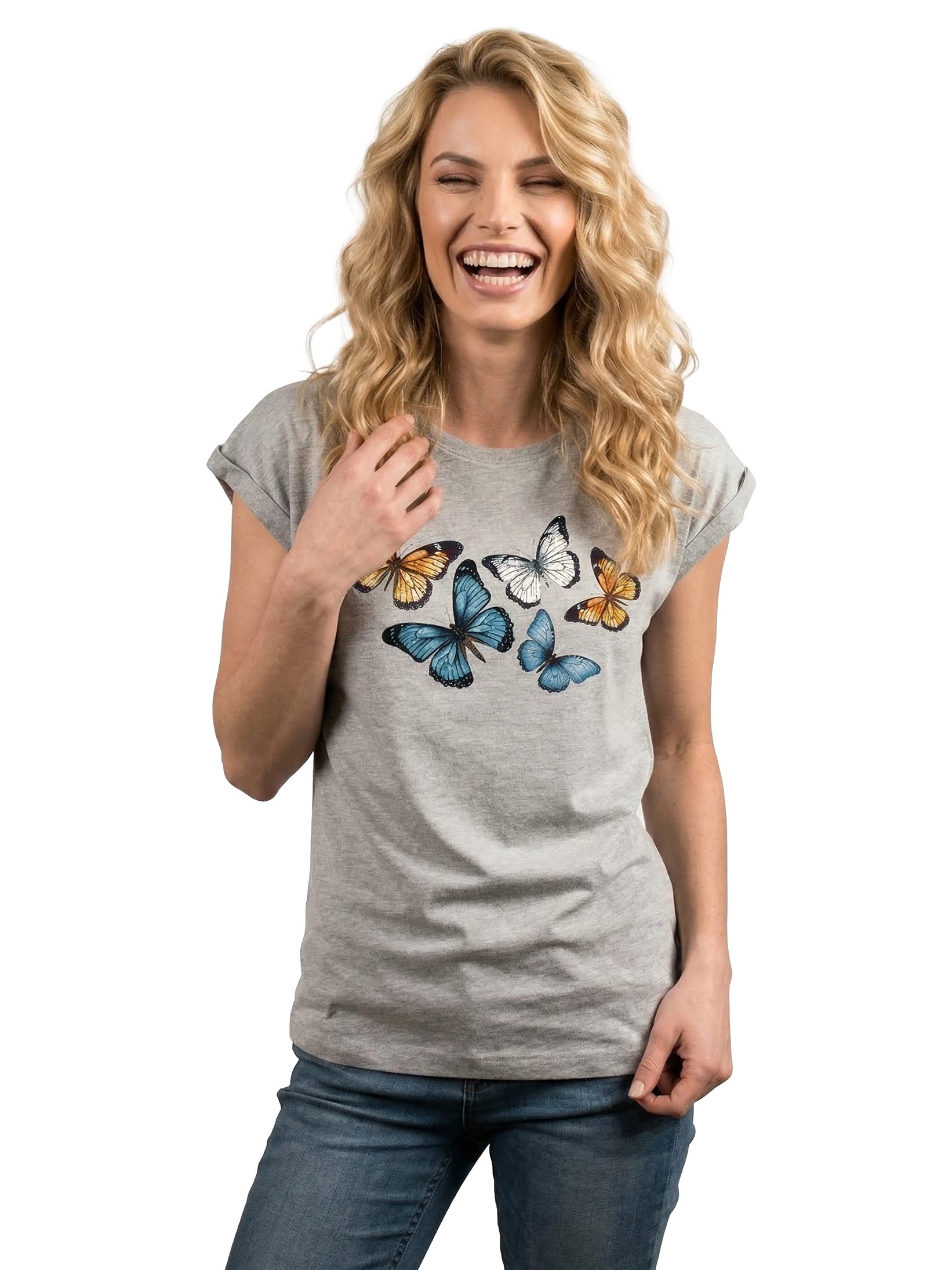 MAKAYA Print-Shirt Damen Kurzarm Baumwolle Schmetterling Butterfly Aufdruck Sommer Top große Größen