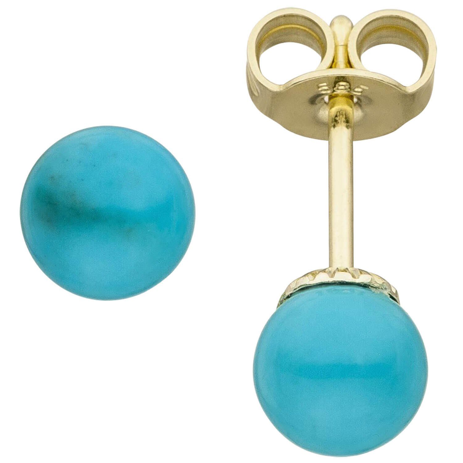 Schmuck Krone Paar Ohrstecker Ohrstecker Ohrringe Kugel aus blauen Türkise 585 Gold Gelbgold Ohrschmuck, Gold 585 | Ohrstecker