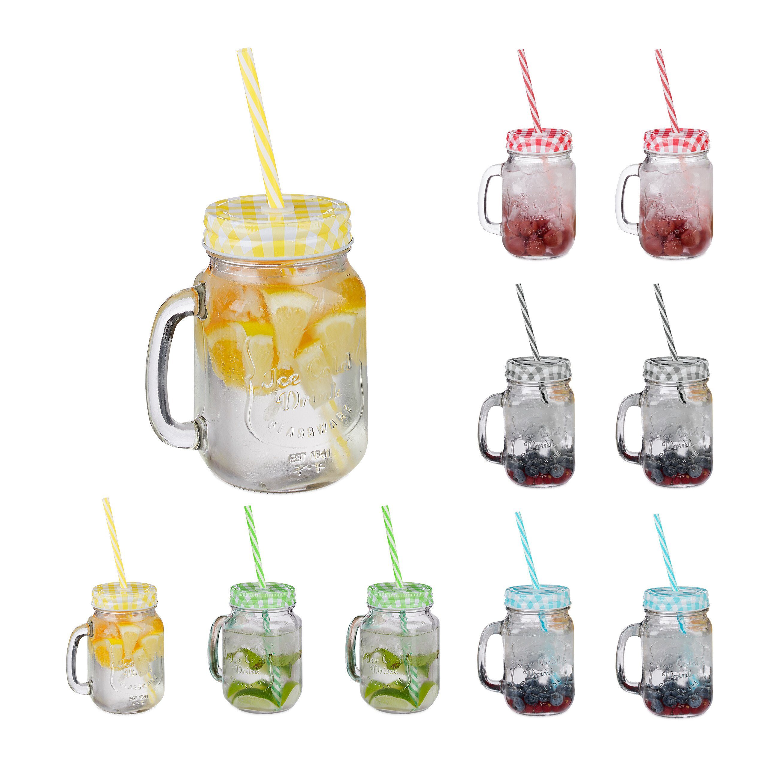 relaxdays Gläser-Set Bunte Trinkgläser mit Deckel 10er Set, Glas