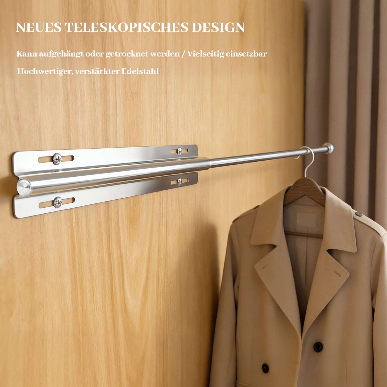 BlingBin Kleiderstange Ausziehbar für Kleiderschrank Verstellbare Garderobenstange 32-60cm (1 Stück, 1 St., 32 × 6 × 2 cm), Verstecktes Design Teleskopstangen Schrank für Hose, Oberteil