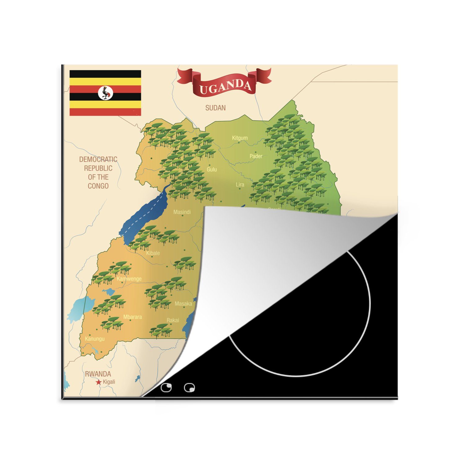 MuchoWow Herdblende-/Abdeckplatte Illustration von Uganda auf einer Karte mit kleinen Zeichnungen, Vinyl, (1 tlg), 78x78 cm, Ceranfeldabdeckung, Arbeitsplatte für küche