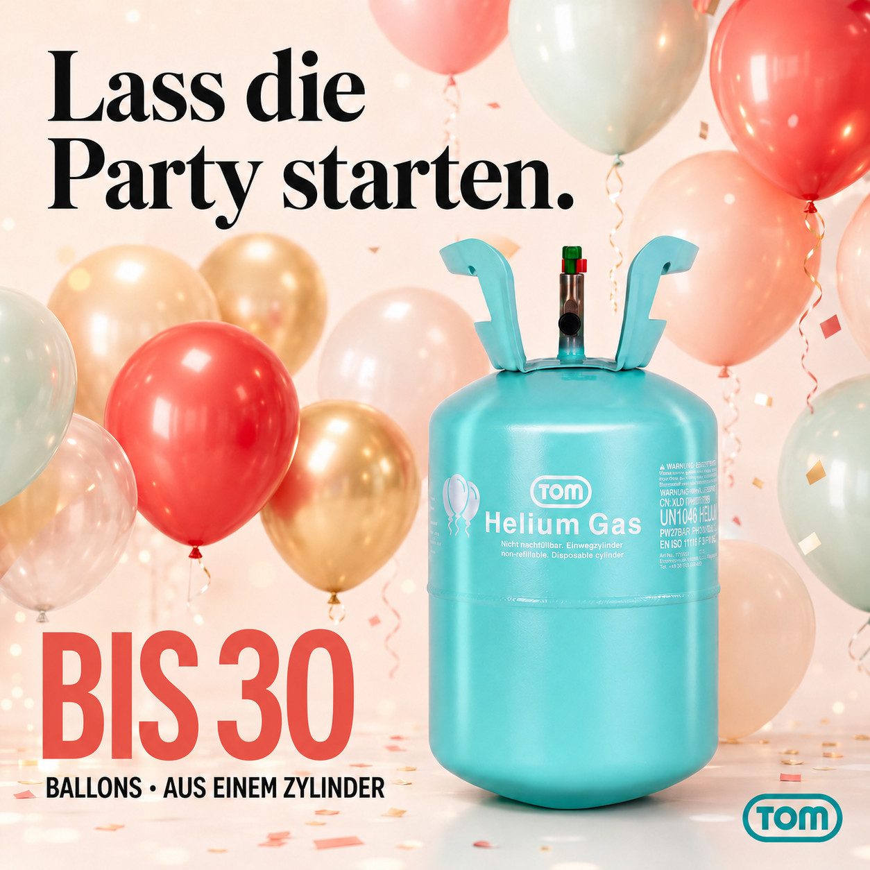 TOM Helium Ballongas Heliumgas für bis ca. 30 Ballons Luftballons, Einfalldüse, 7 Liter, Fülldruck 40 bar bei 15 °C