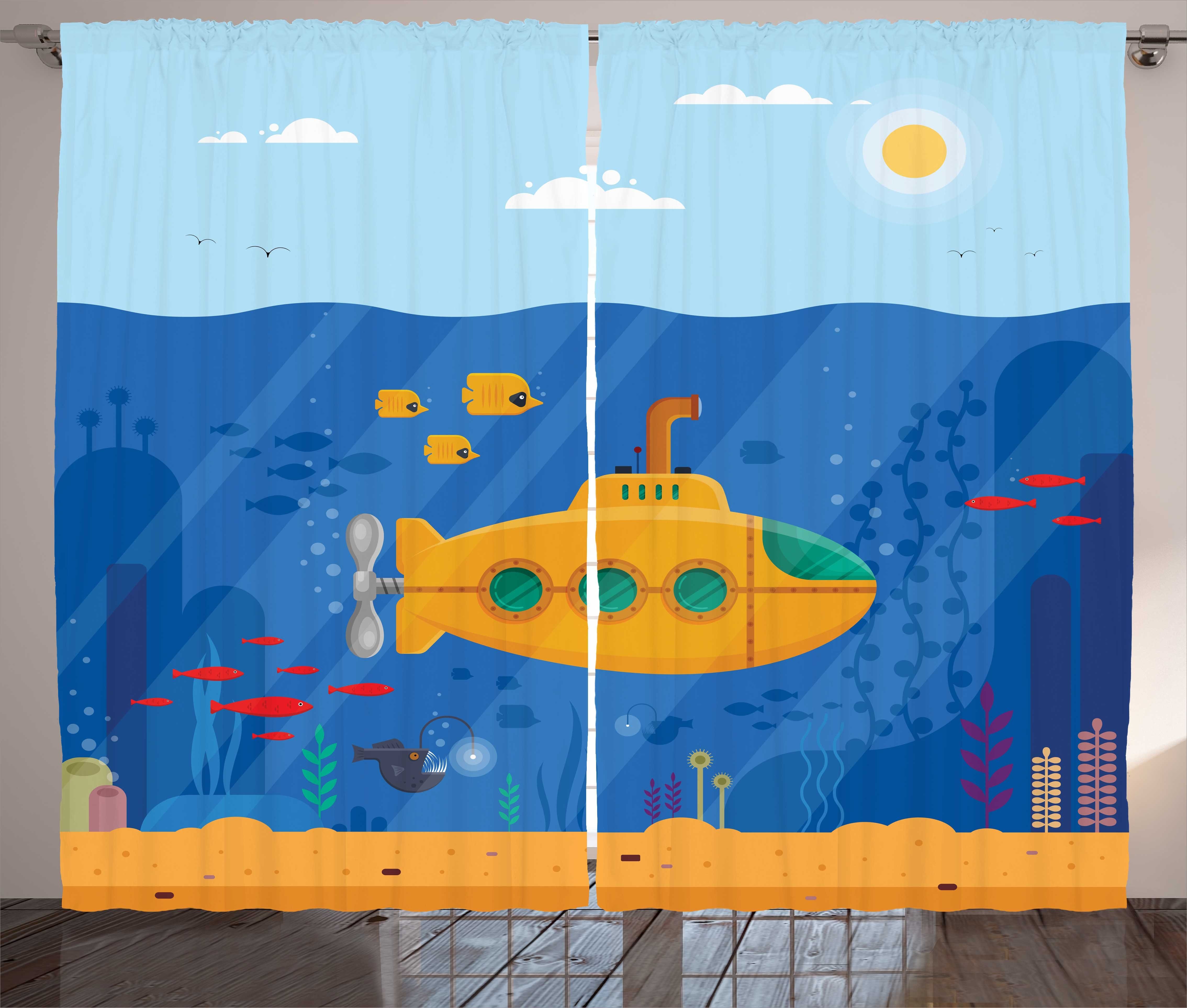 Vorhang Kräuselband Abakuhaus, Gardine Schlaufen Cartoon und mit U-Boot Haken, Unterwasserleben Schlafzimmer