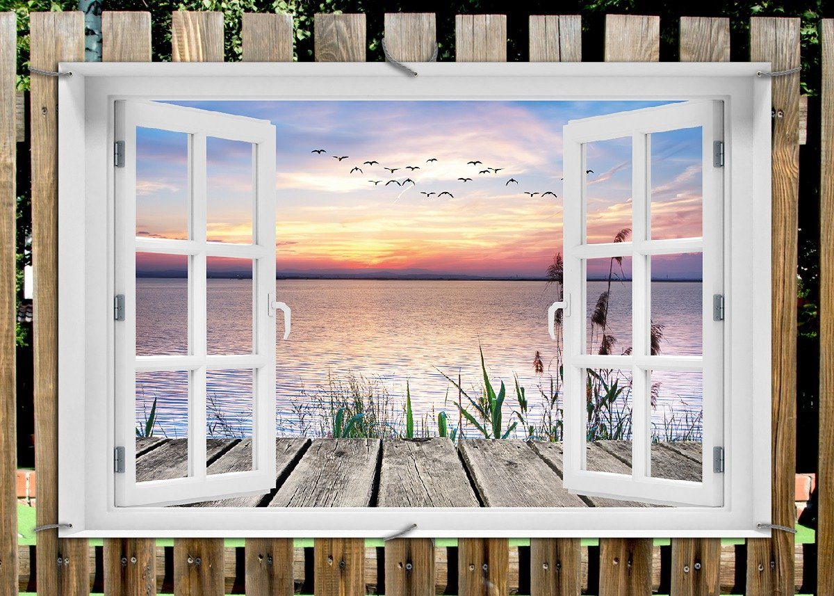 Thumbnail - Wallario Sichtschutzzaunmatten Seepanorama mit Schilf und fliegenden Vögeln, mit Fenster-Illusion