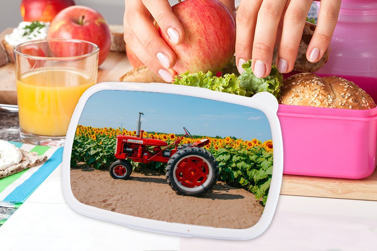 Kunststoff Erwachsene, Kinder, Mädchen, Blumen, für - MuchoWow Snackbox, - (2-tlg), rosa Brotbox Rot - Lunchbox Traktor Kunststoff, - Sonnenblume Brotdose Bauernhof