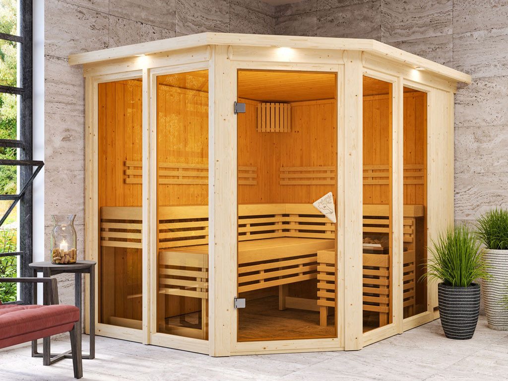 Swedheat Sauna KARIBU Innensauna Nuri 68 mm fuer 2-4 Personen, (Sparset, inkl. 9 kW Saunaofen mit integrierter Steuerung)