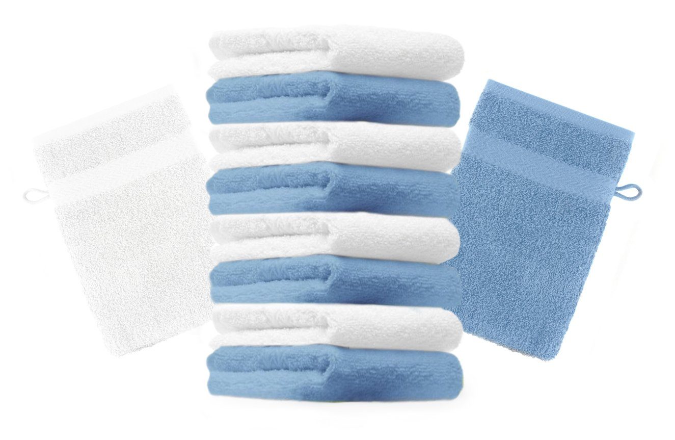 Premium cm Set 100% hellblau 16x21 Waschhandschuh Stück Waschlappen Betz Baumwolle (10-tlg) Farbe weiß und Waschhandschuhe 10