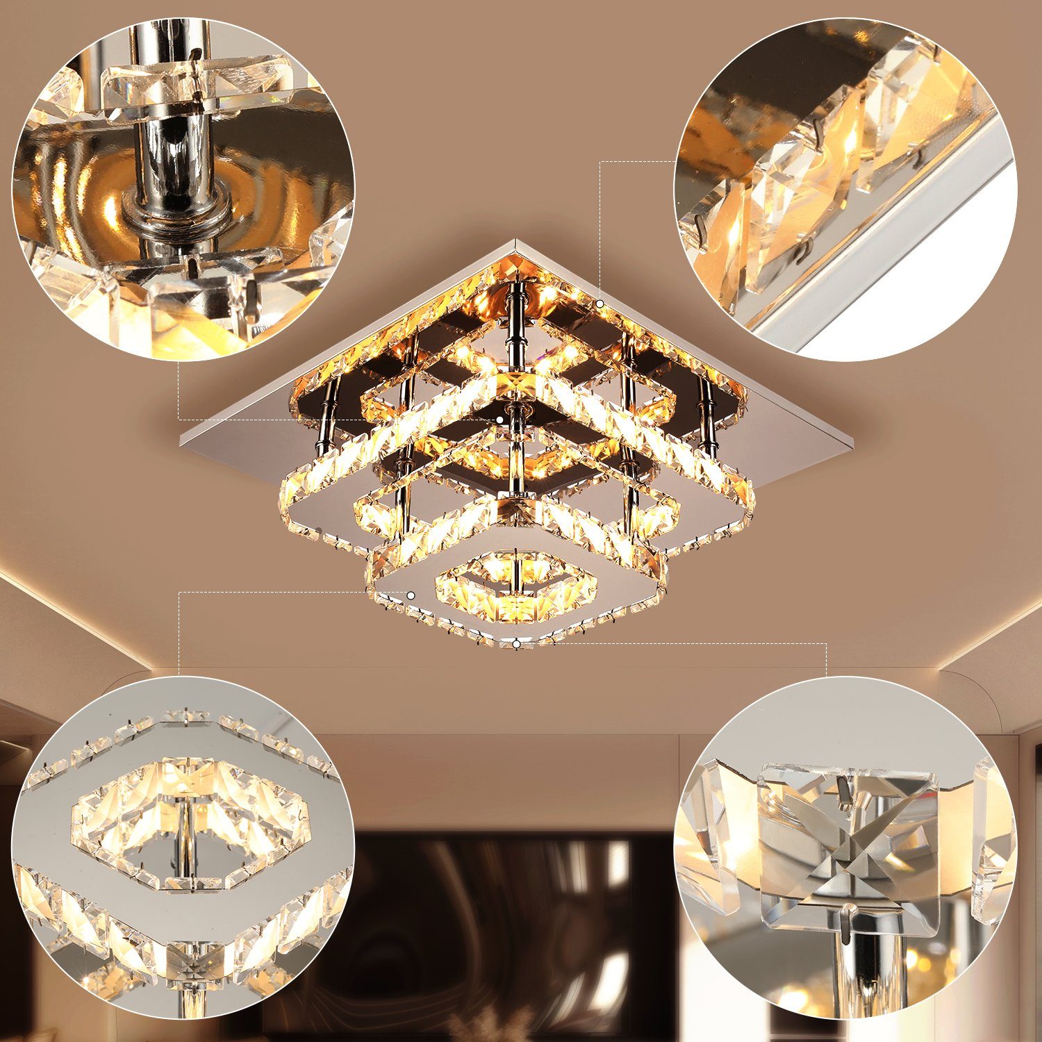 36W oyajia Stück Deckenleuchte 1 Kristall Deckenlampe, LED Kristall Luxus LED Moderne Wohnzimmer integriert, Deckenlampe Edelstahl für Flur fest Pendelleuchte, Kronleuchter, LED Warmweiß 30x30x12cm,