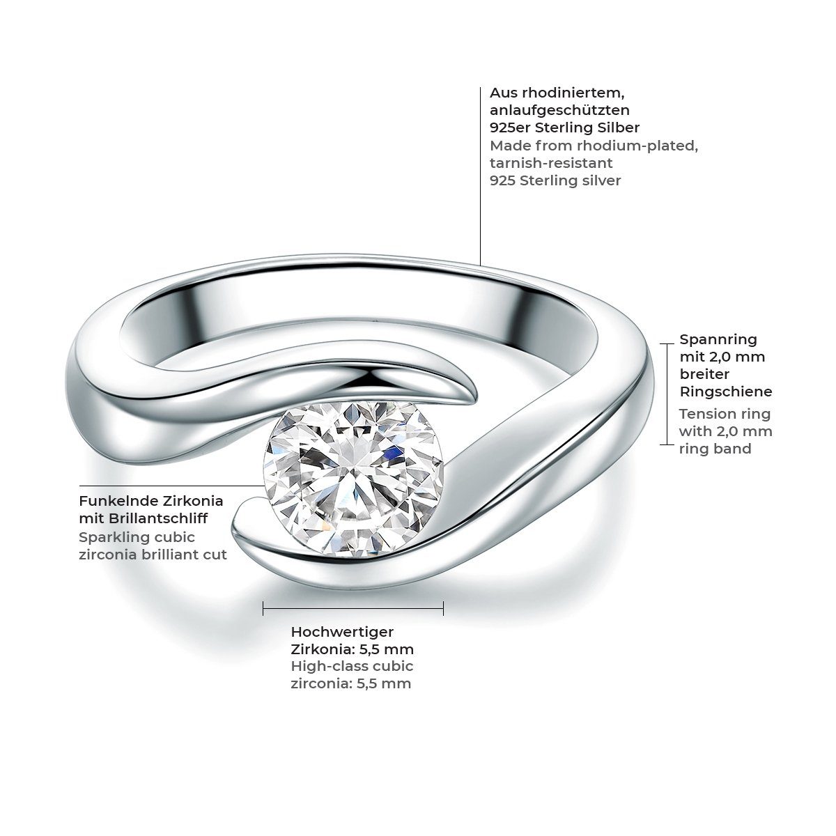 Trilani Silberring Damen-Ring aus Sterling Zirkonia 925 Twist-Optik mit Silber, in