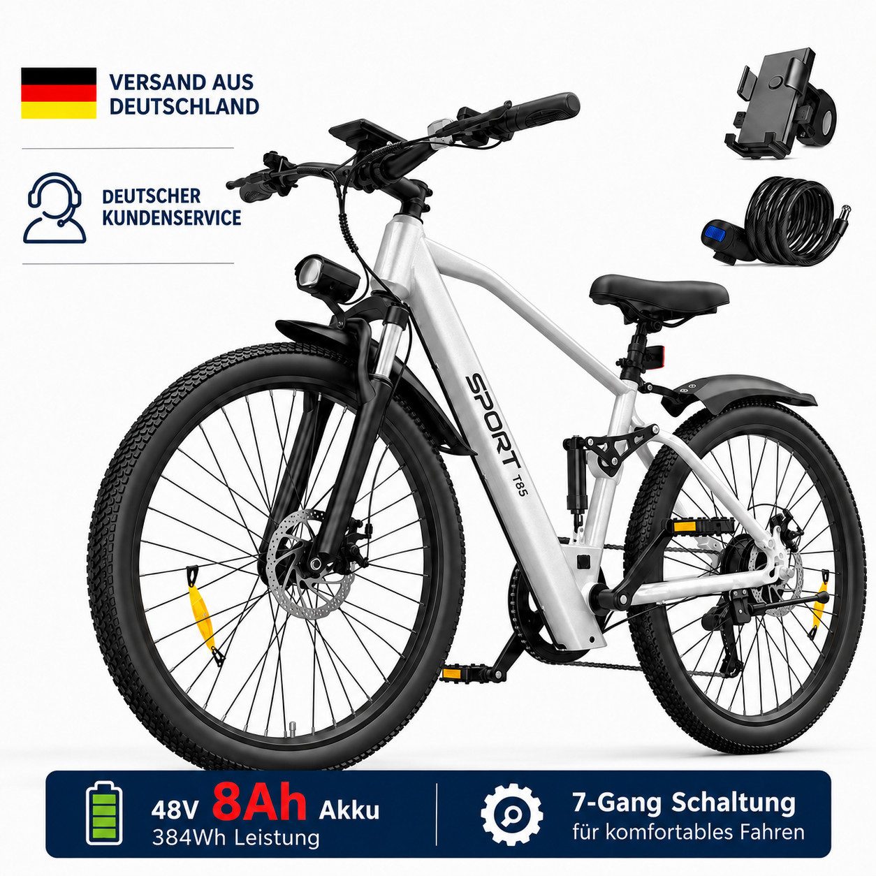 PixelPilot E-Bike Cityrad 26 Zoll Elektrofahrrad 48V 13Ah Akku Herausnehmbarer Akku und Korb, 7 Gang, Nabenmotor, 624 Wh, (Packung)